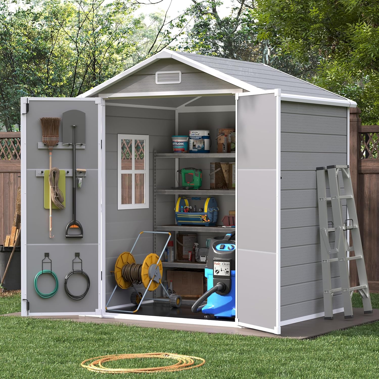 VONZOY 6x4.5 FT Resin Garden Shed with doors open, showcasing internal storage capacity for various tools and equipment. A ladder is visible outside.