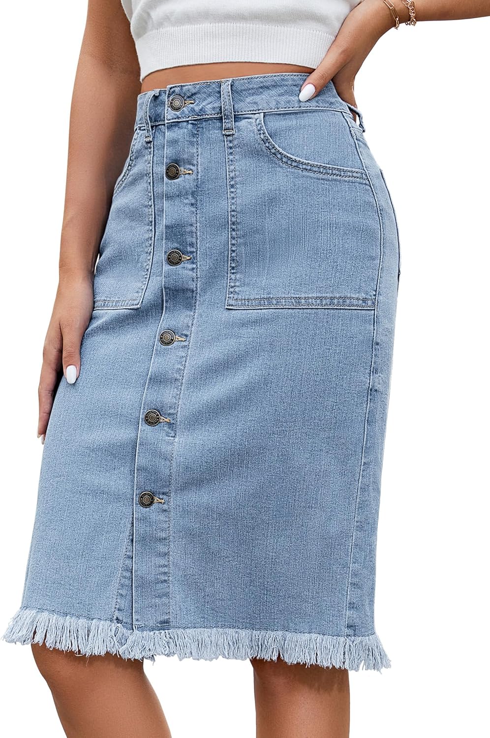 luvamia Women's Casual Mid Rise Button Down Frayed Raw Hem Denim Jean Midi Skirt