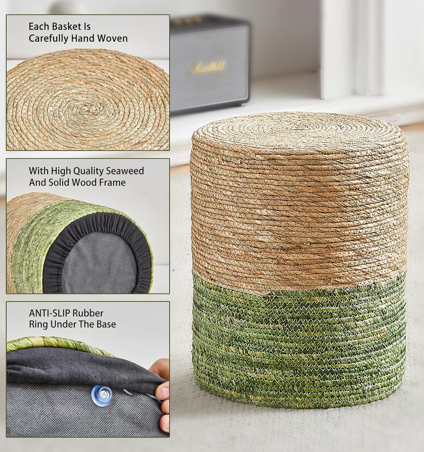 Wimarsbon 2Pcs Pouf Ottomans, Natural Seagrass Foot Stool, Hand Weaving Round Ottoman, Boho Decorative Seat, Jute Braided Pouffe Poof Accent Sitting Footrestfor Living Room