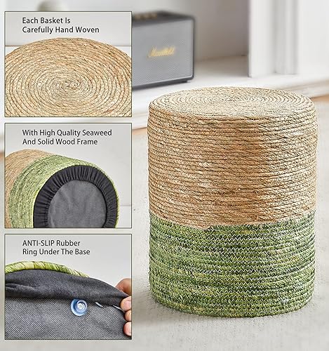 Miniatura 6 de Wimarsbon Puf otomano de 2 piezas, taburete de pie de hierba marina natural, otomana redonda tejida a mano, asiento decorativo bohemio, puf trenzado