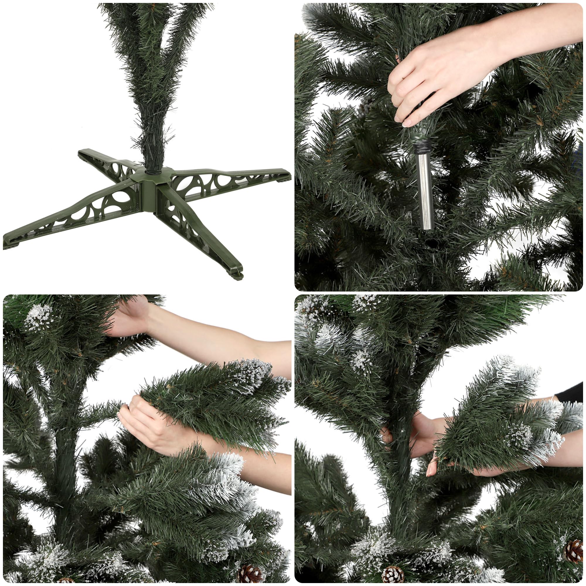 KADAX Sapin de Noël artificiel avec givre et cônes 220 cm, sapin vert avec 521 branches, env. 120 cm, pin en PVC avec support en plastique (renne 220 cm)