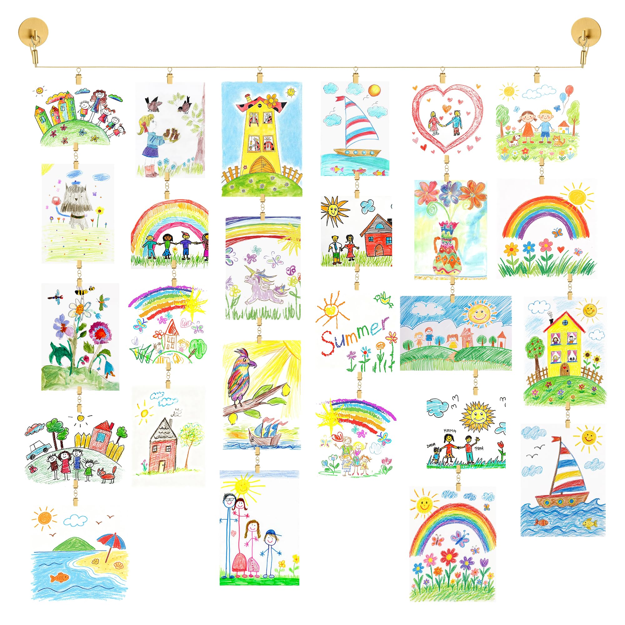 UFURMATE Kids Artwork Hanging Wire Kit, 1 Set Brass Picture Hanging Wire with Clips Adjustable Art Display Wall Decor for Kids Drawings, Photos (Gold, 3M)