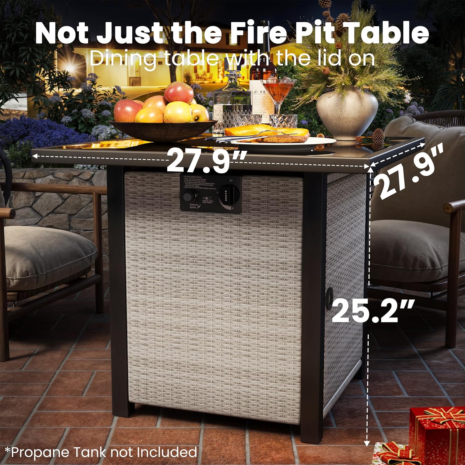 Propane Fire Pit Table, Outdoor Fire Pit Table, 27" Rattan Square Outdoor Gas Fire Pit with Glass Wind Guard, Tempered Glass Tabletop, Lid, CSA Listed, 50,000 BTU for Outside Patio Deck & Garden