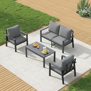 UDPATIO Aluminum Outdoor Patio Furniture Set 4-Seat Metal Patio Conversation Sets with Coffee Table and Water-Resistant Cushions, Modern Patio Sectional Sofa for Porch, Deck, Backyard, Poolside
