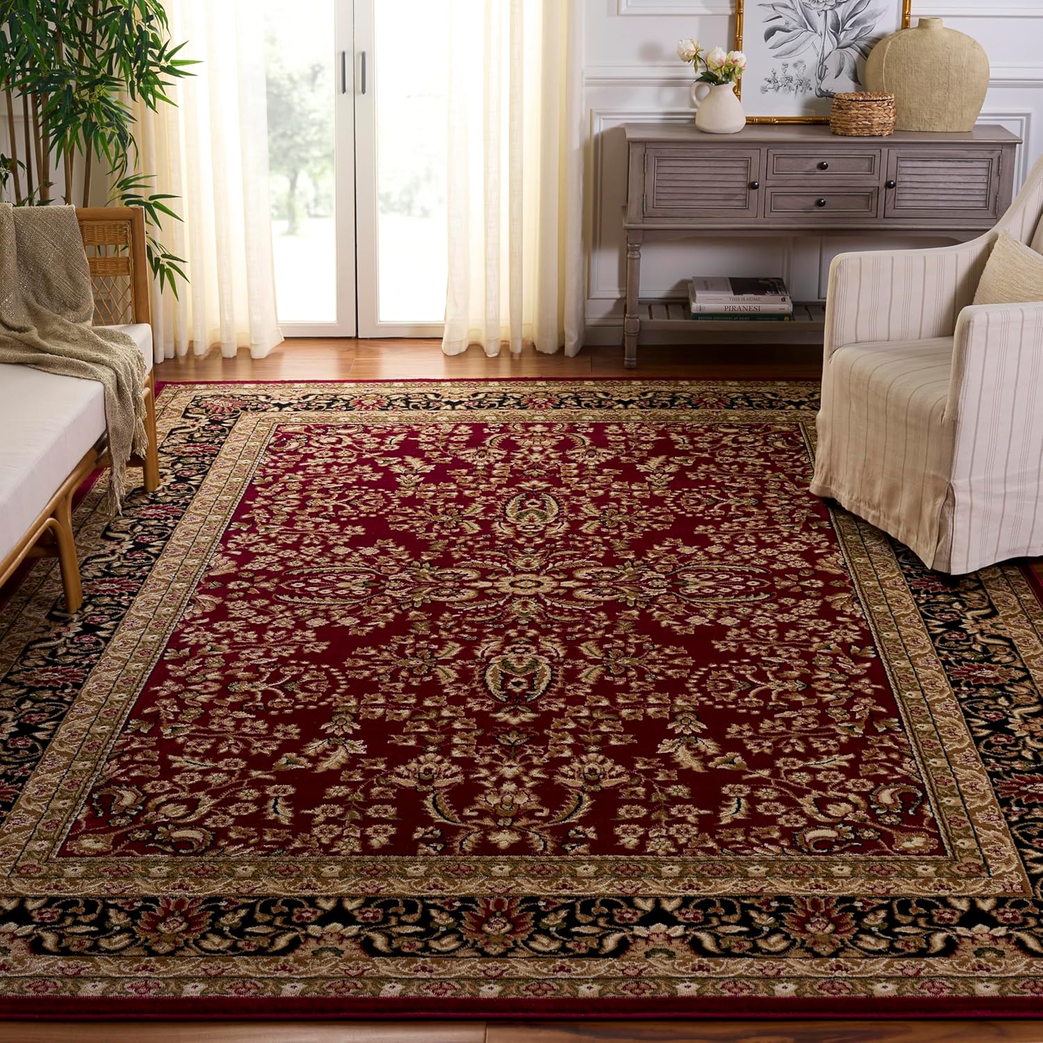 SAFAVIEH Lyndhurst Collection Area Rug - 8' x 11', Red & Black, Traditional Oriental Design, Non-Shedding & Easy Care, Ideal for High Traffic Areas in Living Room, Bedroom (LNH214A)