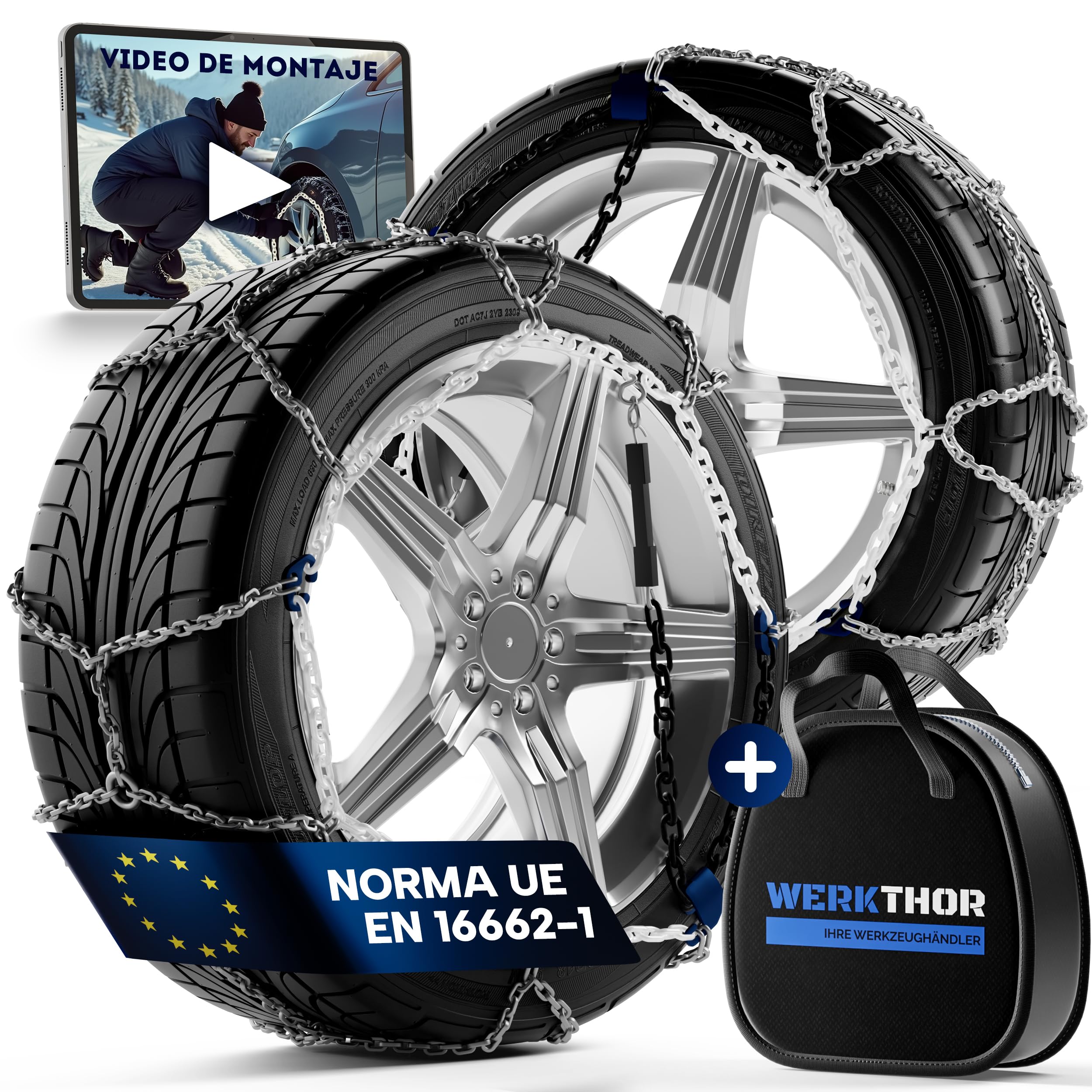 WERKTHOR 2x Cadenas de Nieve para Coche - Cadenas para Autos Certificadas - Máximo Agarre y Montaje Fácil - Cadenas Metálicas para Nieve - Para Diversas Medidas de Ruedas