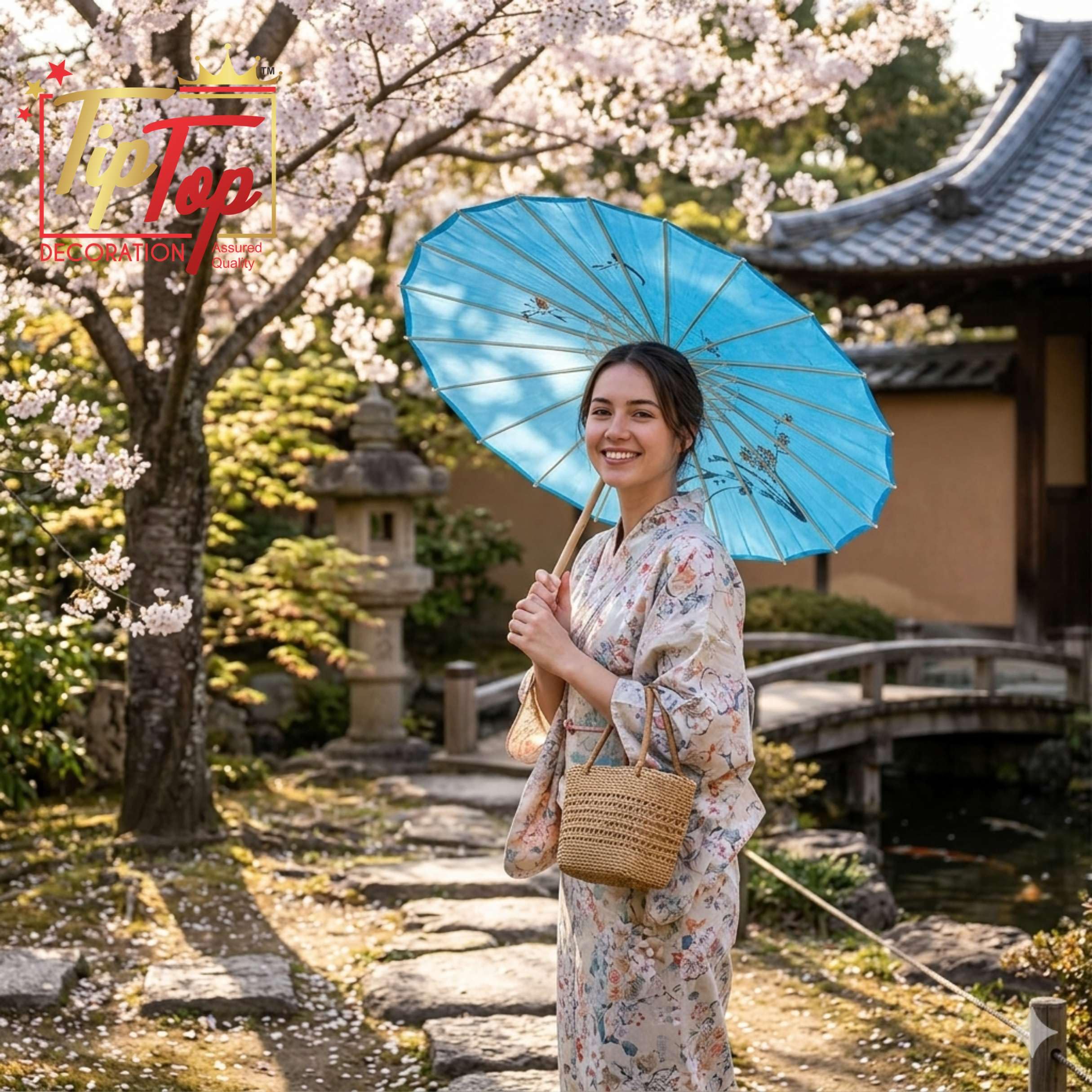 TIPTOP DECORATION Parasol Japanese Traditional Umbrella (33 Inch) (Authentic) (Handmade) (1 Piece) (Light Blue) 2