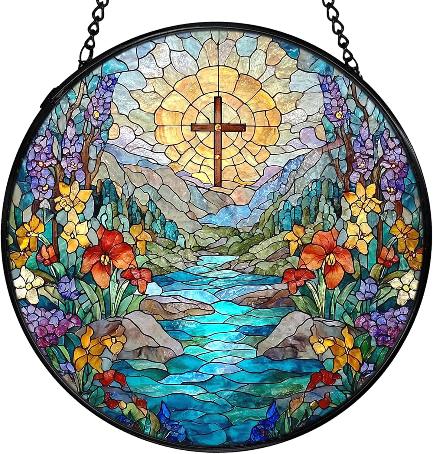 Christian Cross Flower Suncatcher Stained Glass Window Hanging, Cross Wildflower Sun Catchers Indoor Window Glass Wall Art Decor, Religious Wall Hanging Decor Decorations, 7.9x7.9 Inch