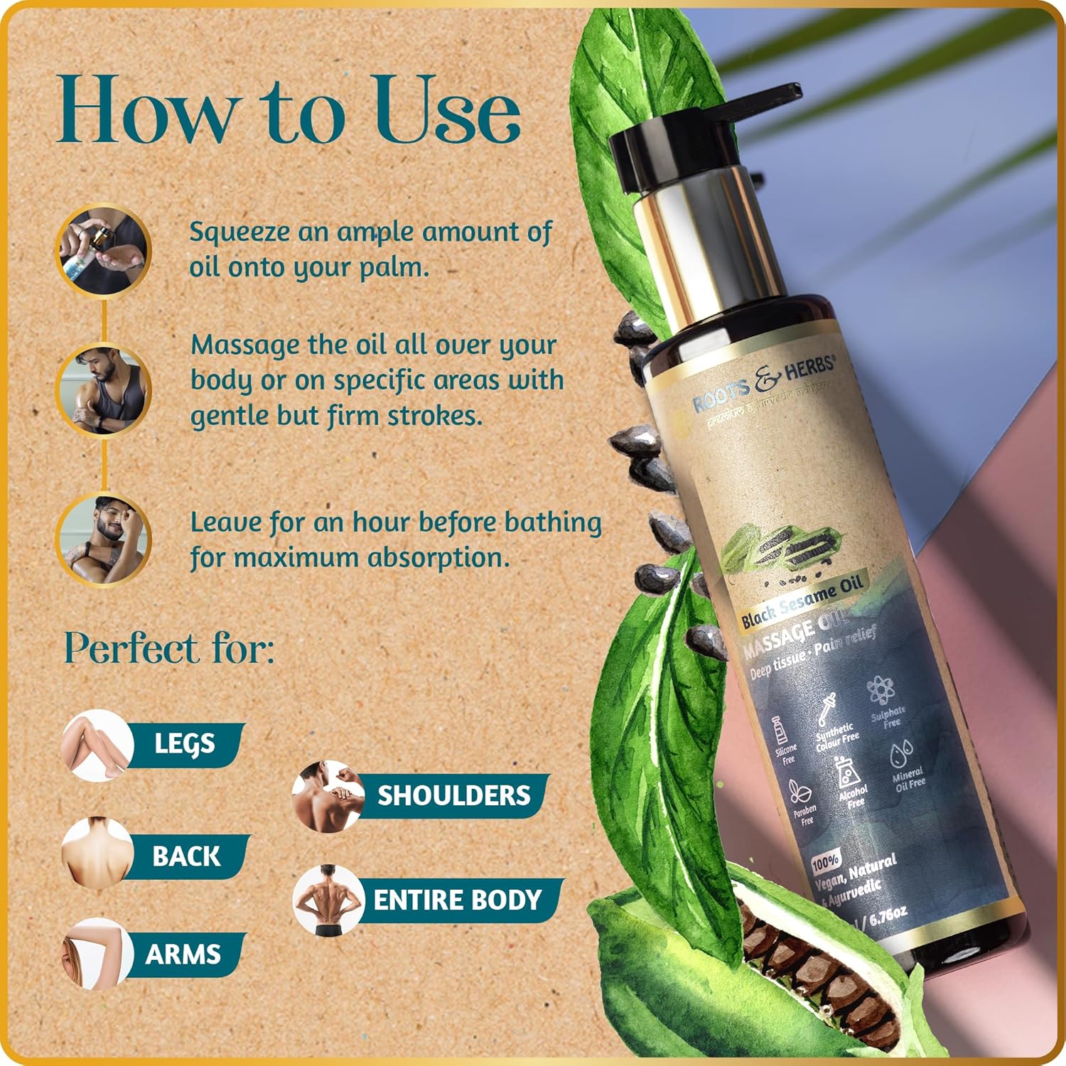 Black Sesame Seed Oil - Body Massage Oil Warmer with Cold-Pressed Black Seed Oil, Ayurvedic Herbs - Body Massage Oil for Massage Therapy - Roots and Herbs, 6.76 oz - Image 6