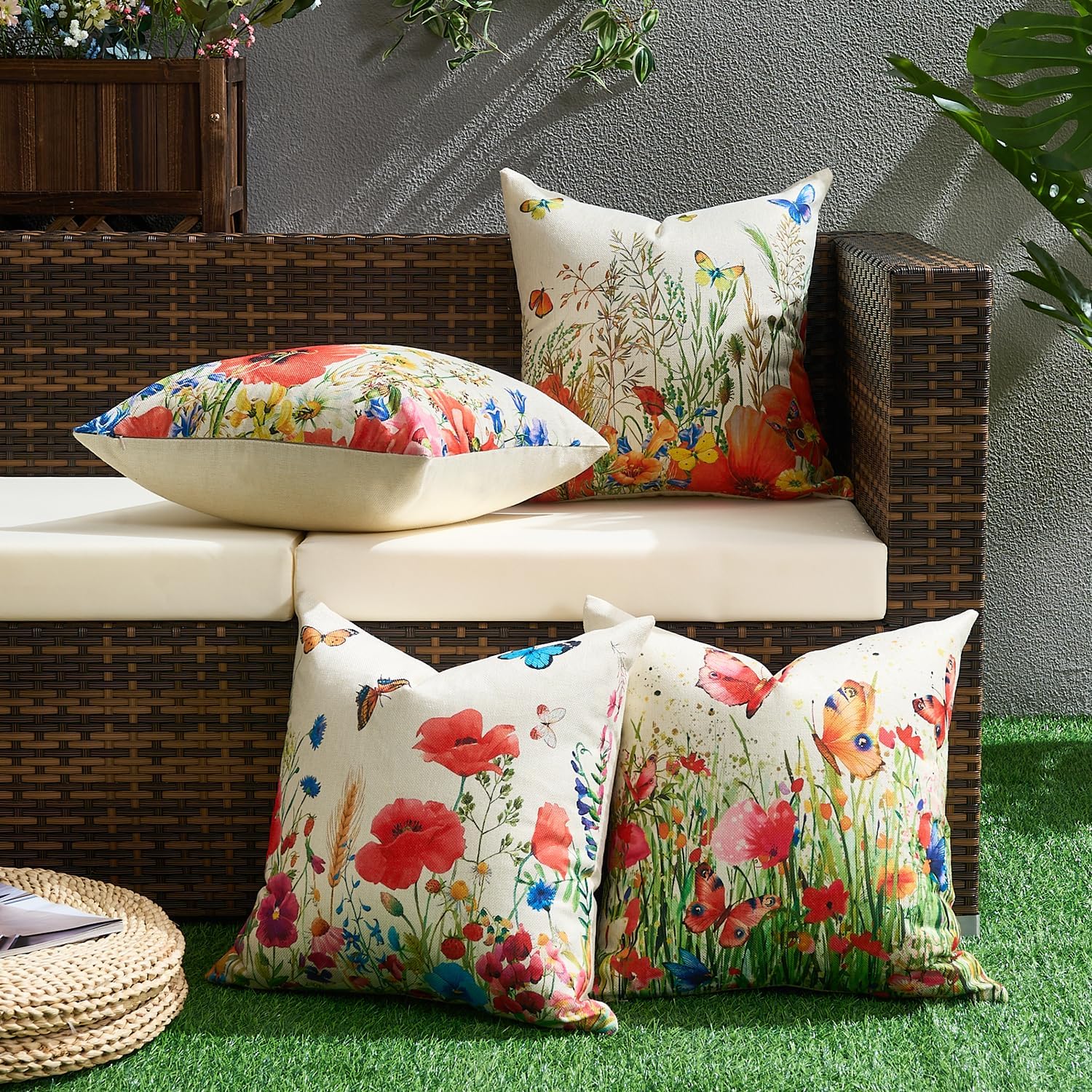 Outdoor Waterproof Linen Decorative Cushions Wildflowers Vintage Summer Cushions Outdoor Garden Square Pillow Case for Patio Balcony Sofa Office Home Decorative