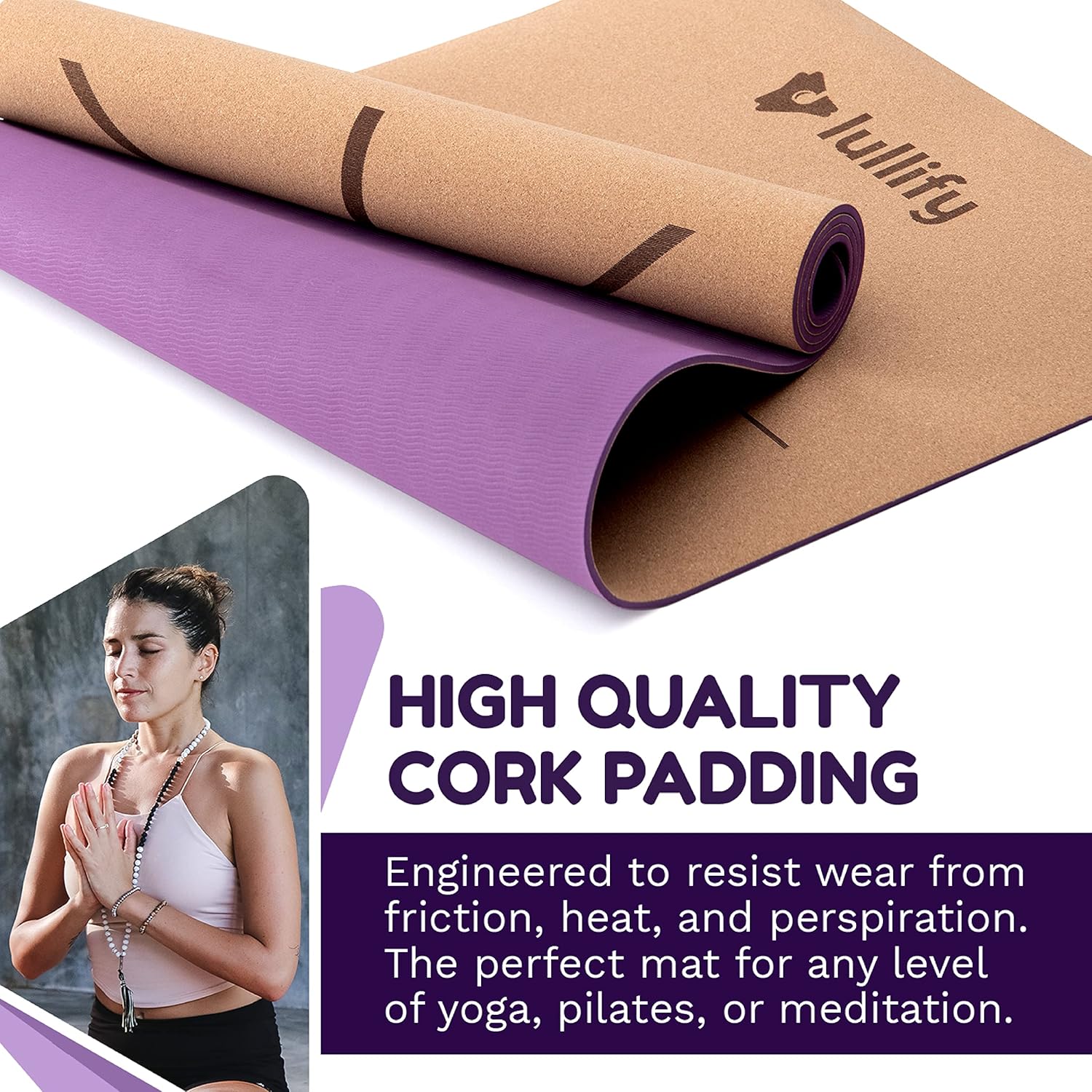 Lullify Premium Cork Yoga Mat | Non Slip and Built To Last Through Hot Yoga Or Exercise Class | Biodegradable and Built With Sustainable Materials | Carrying Strap Included