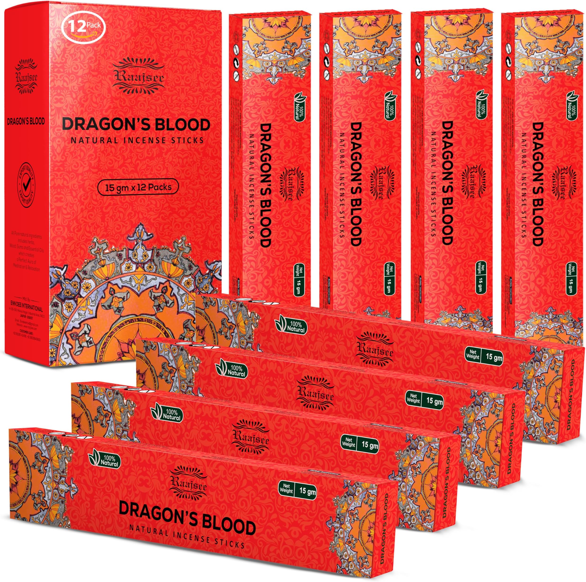 Raajsee ドラゴンズ ブラッドインセンススティック (180g) 100%ピュアオーガニック ナチュラル 手巻き 化学薬品不使用 (12本パック)