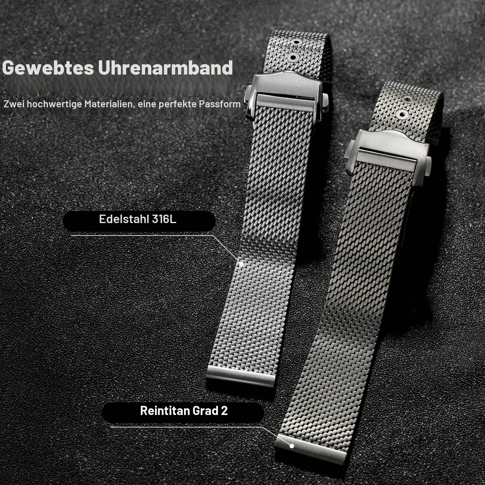 watchdives 20mm Uhrenarmband Titan Edelstahl Mesh Bänder für Herren, Mesh Armband Erstklassiges Verstellbare Gewebte Metall Bänder