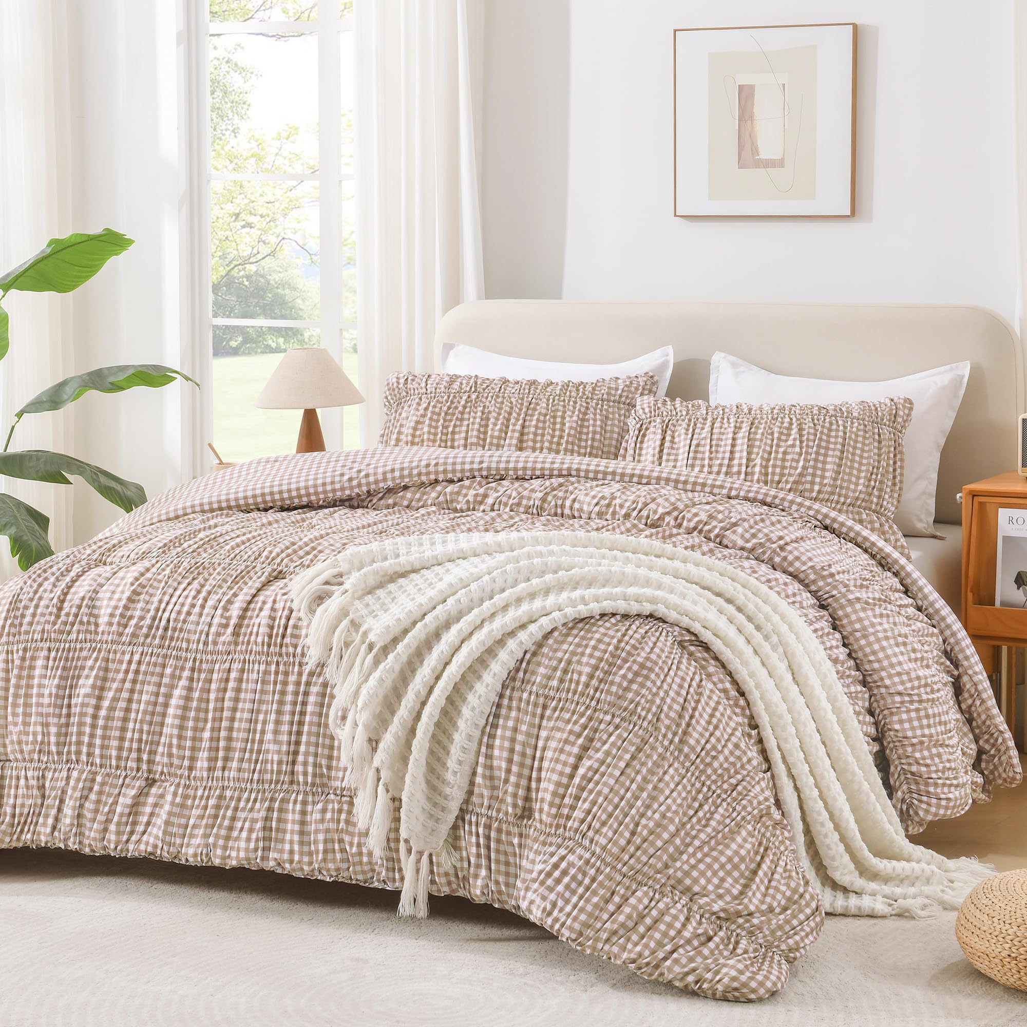 Andency Ruched Gingham Tan King Comforter Set, Boho Ruffle Bedding 3 Pieces