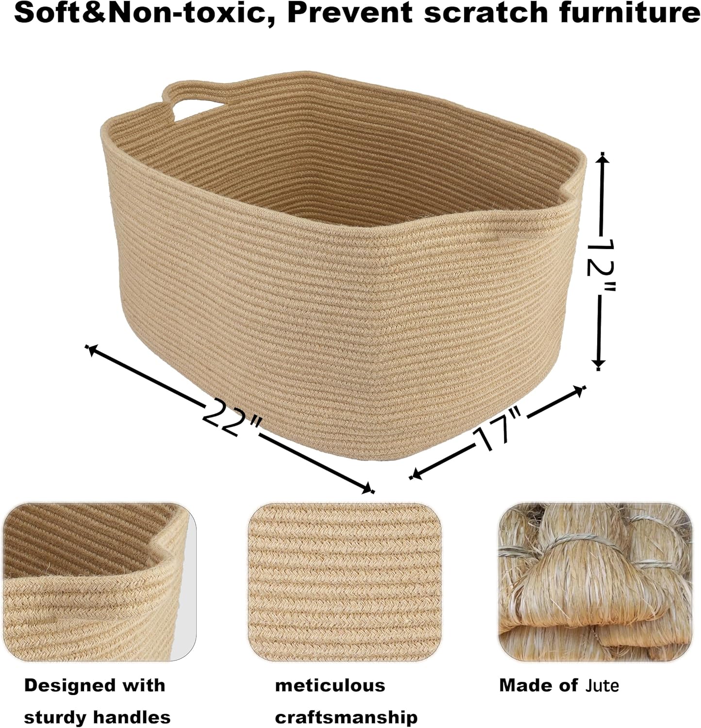Large Rectangle Blankets Basket Living Room 22"x17"x12" Woven Jute Rope Storage Baskets for Nursery Toy Baskets for Kids and Dogs Wicker Laundry Basket Bin for Clothes Towels - Image 2