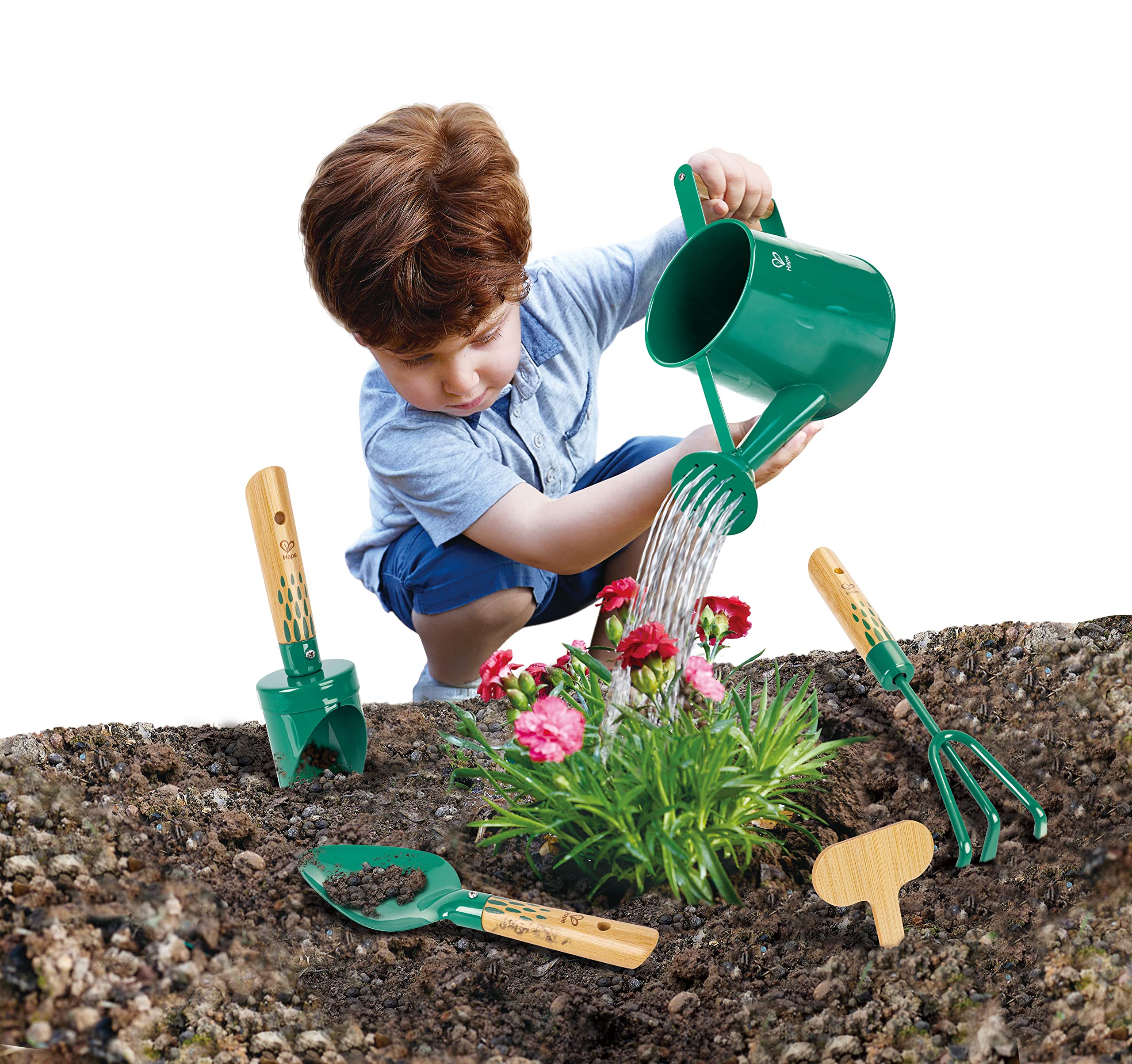 Hape Nature Fun - Set da Giardinaggio: annaffiatoio, spatola, rastrello e minivanga in Ferro e bambù per Piccoli giardinieri dai 4 Anni in su