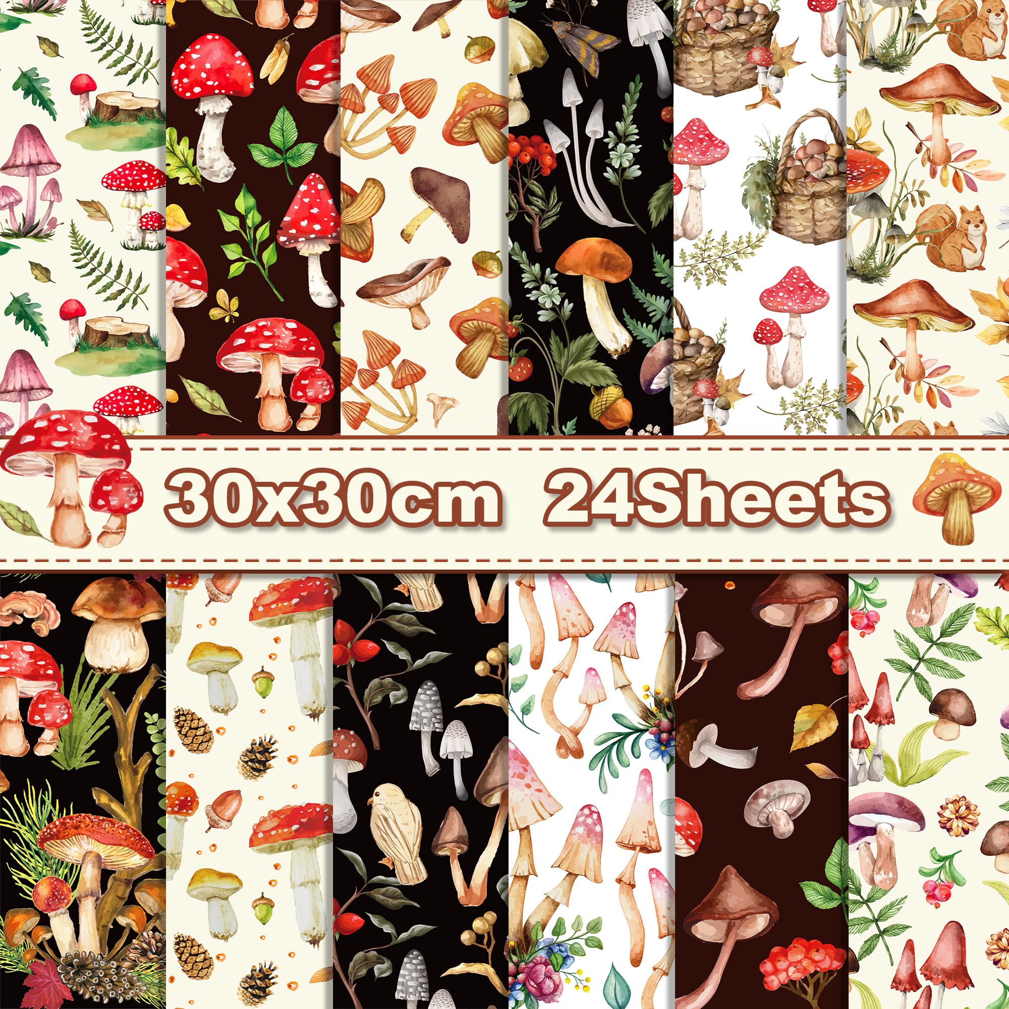 24 arkusze papieru w stylu vintage, grzyb, wiewiórka, rośliny, wzorzysty, dekoracyjny papier rzemieślniczy, do tworzenia kart, albumu fotograficznego, dziennika, rękodzieła, 30 x 30 cm