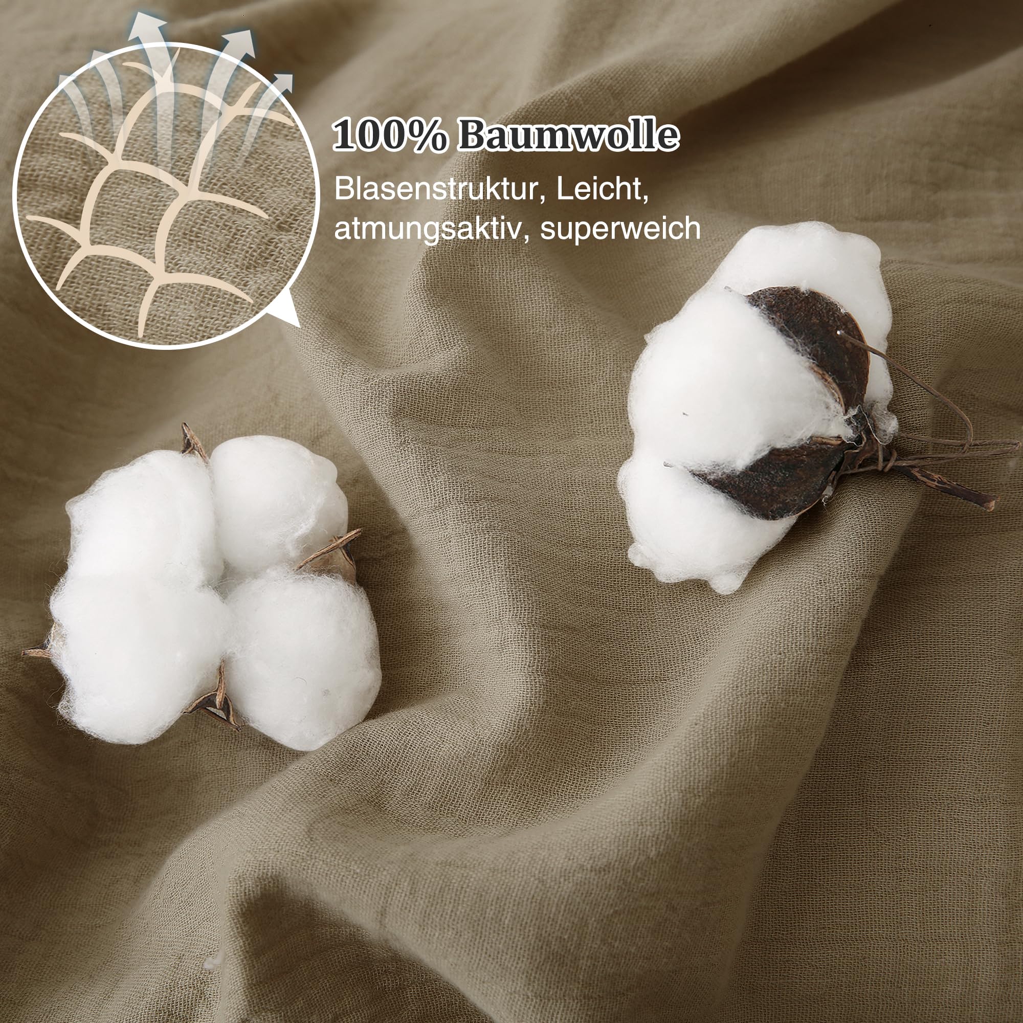 TOCOMOA Musselin Bettwäsche 155x220 Baumwolle 3teilig, Beige Leinenartiger Bettwäsche-Sets mit 1 Kissenbezug 80x80 cm und Kissenbezüge 40x80 cm, Oeko-TEX Bettbezug mit Reißverschluss