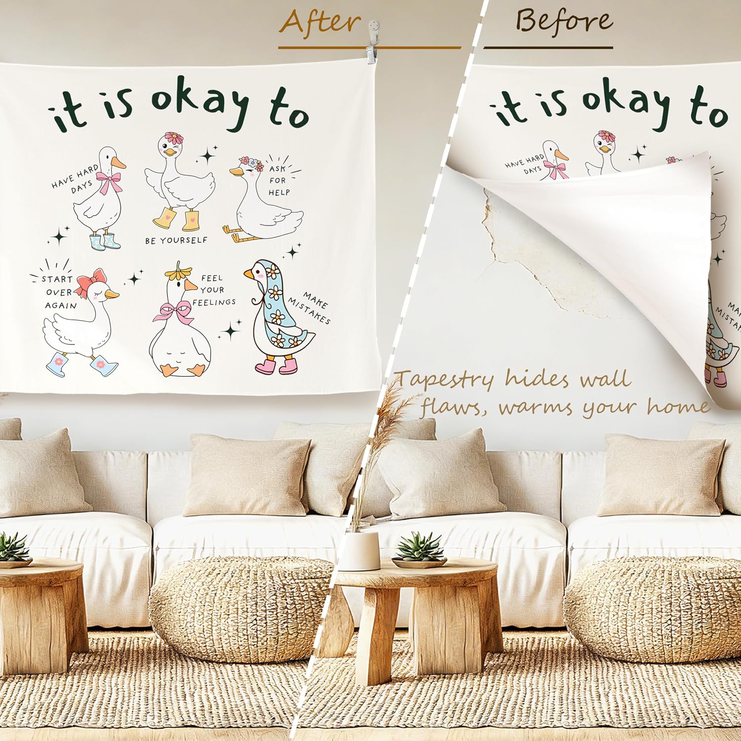 LADOCK Mental Health Goose Wall Tapestry, Goose Nursery Decor, It's Okay to Inspirational Quotes Tapestry Wall Hanging Decor for Girls Kids Room Playroom Therapy Office, 50x60 Inch