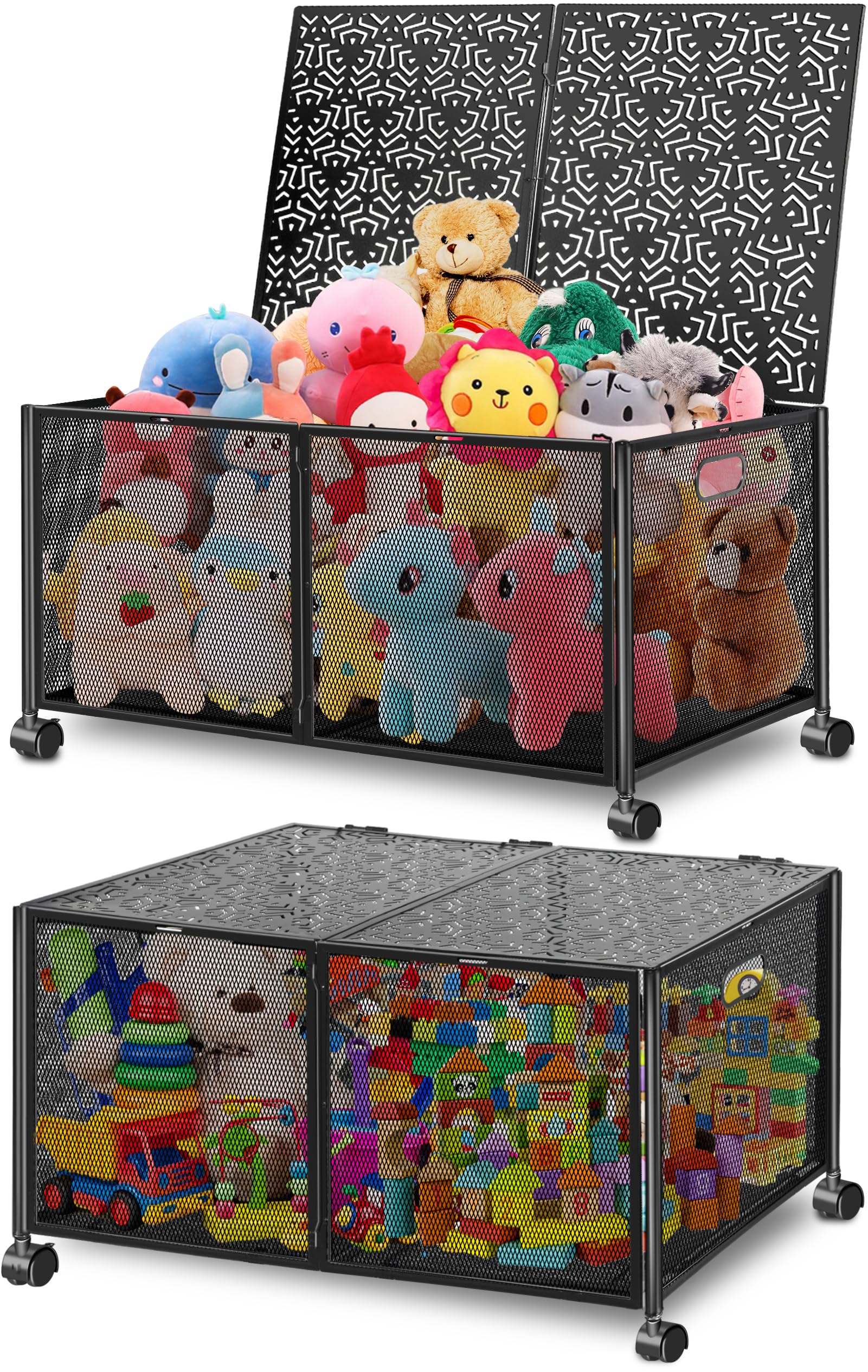 punemi Toy Box Storage, 2 Pack Metal Toy Organizers And Storage With Wheels, Large Toy Chest Box, Collapsible Toy Bin For Kids Playroom, Living Room, Nursery, Bedroom, Black