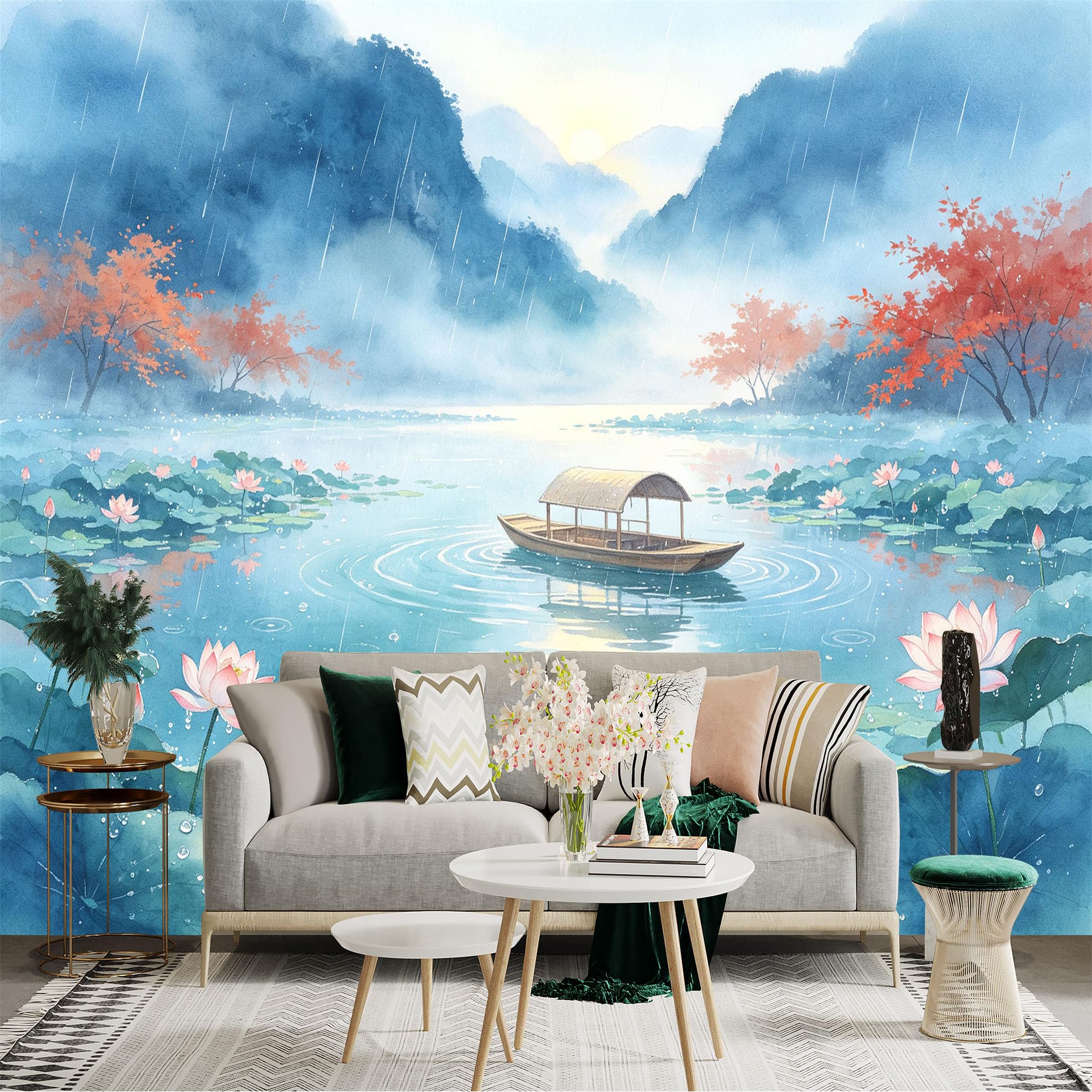 Custom Size Wall Sticker Mural， Rainy Landscape with Misty Mountains， Lake and Lotus Flowers， Traditional Ink Style Boat， for wall Decoration， peelandstick wall Decals.