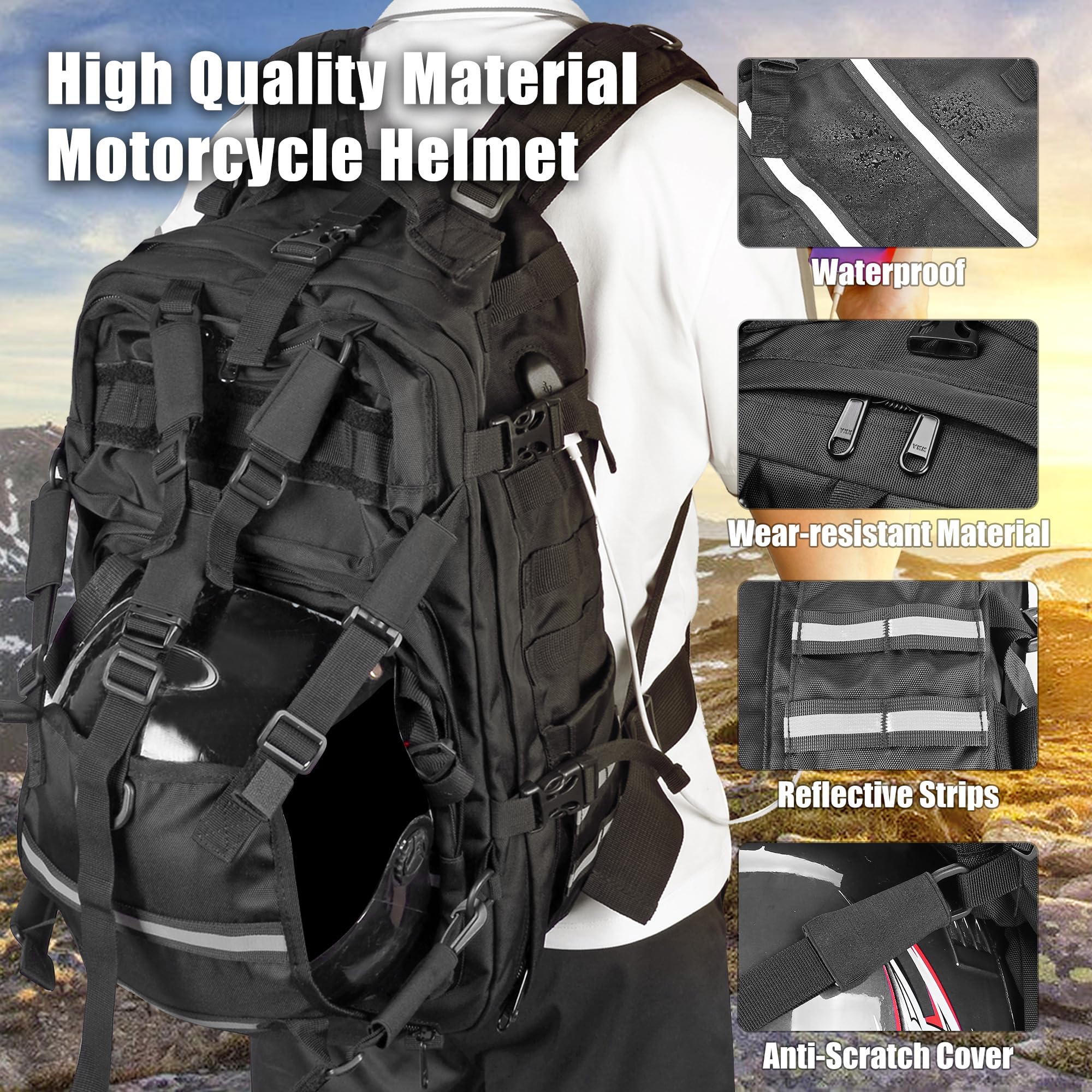 Goldfire Helmrucksack für Motorrad, Reiten, Radfahren, wasserdicht, große Kapazität, Tagesrucksack mit Helmhalterung, wetterbeständig, Wandern, Tagesrucksack, langlebig (V1), V1 Schwarz,