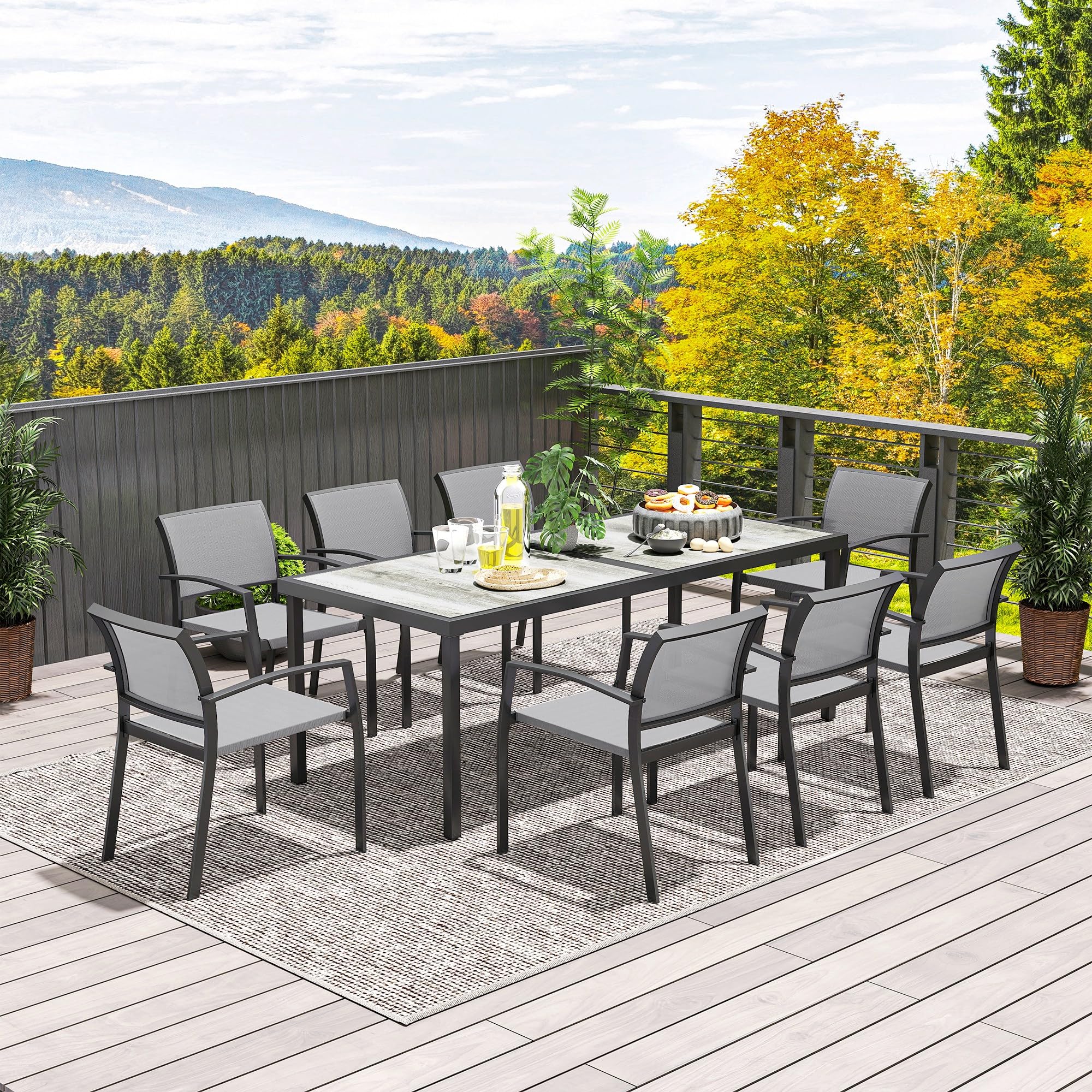 Outsunny Set Tavolo da Giardino con Sedie da 9 Pezzi, Set da Pranzo con Tavolo con Piano in PSPC, 8 Sedie da Esterno Impilabili con Braccioli, Set di Mobili in Acciaio e Textilene da Terrazza, Grigio
