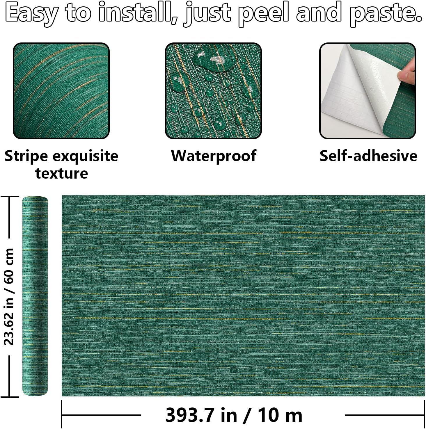 WADILE Grasscloth Wallpaper Peel and Stick Linen Stripes Wall Paper 23.6 in x 393.7 in Fabric Contact Paper Textured Linen Wallpaper Self-Adhesive (Malachite Green)