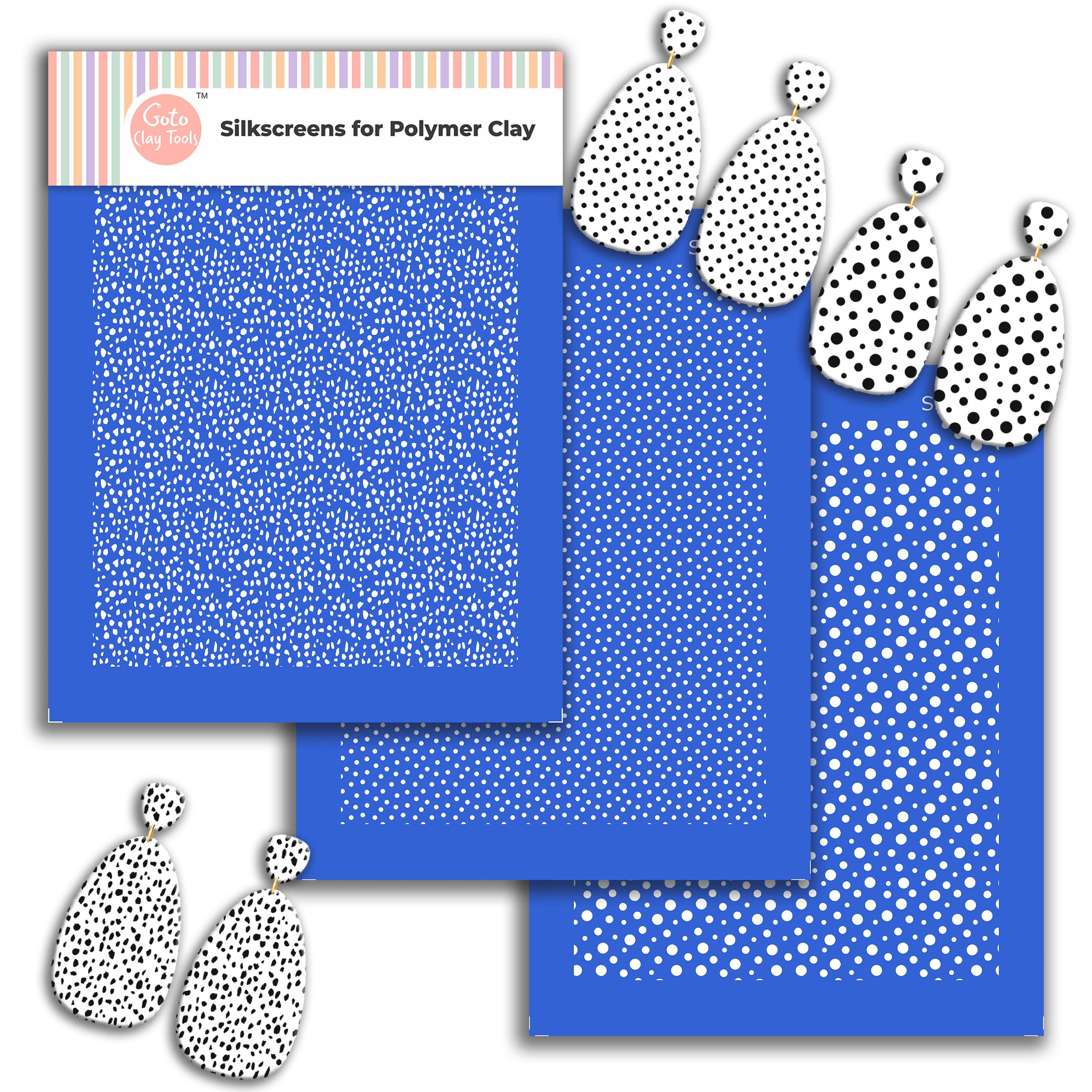 GOTO Clay Tools Multi Pattern Silk Screen Stencils for Polymer Clay, 3 PCS Polka dots Pattern Silkscreen for Polymer Clay Earring Making, Reusable Silk Screen Stencils SSCMB-5