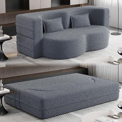 78" Teddy Folding Floor Sofa Couch Bed, Modern Boucle Floor Mattress Full Size, 2 in 1 Convertible Loveseat Sleeper Guest Bed with 2 Pillows for Living Room Apartment Office (Grey)
