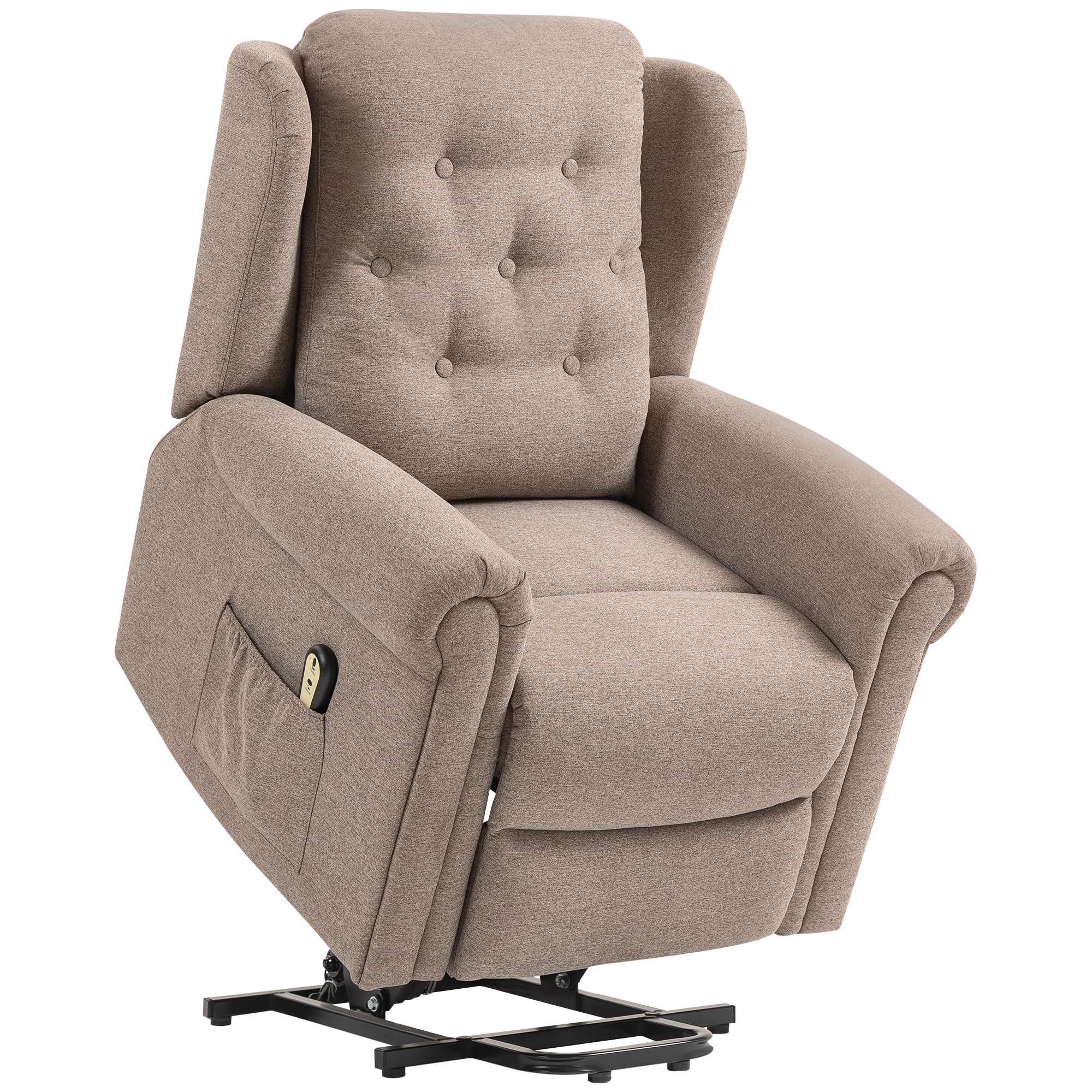 HOMCOM Sillón Relax Reclinable Eléctrico Levanta Personas Sillón Elevador con Respaldo Alto Capitoné Control Remoto Tapizado en Lino y Bolsillos Laterales Marrón Claro