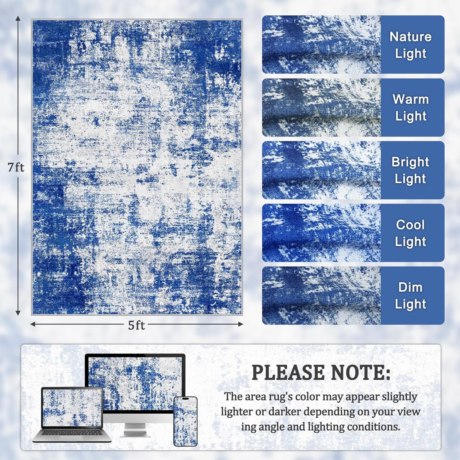 Washable Area Rug 5'x7' Non-Slip Living Room Rugs, Soft Blue Vintage Distressed Pattern Carpet for Bedroom Dining Room, Foldable Thin Floor Mat for High Traffic Areas, Pet & Kids Friendly Home Decor