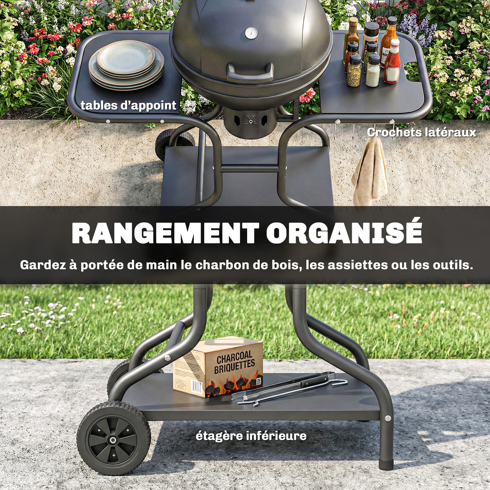 Outsunny Barbecue à charbon Rond avec couvercle Thermomètre Roues Noir | Barbecue Rond Extérieur, Tables Latérales, Étagère Inférieure, Jardin, Terrasse, Charbon De Bois
