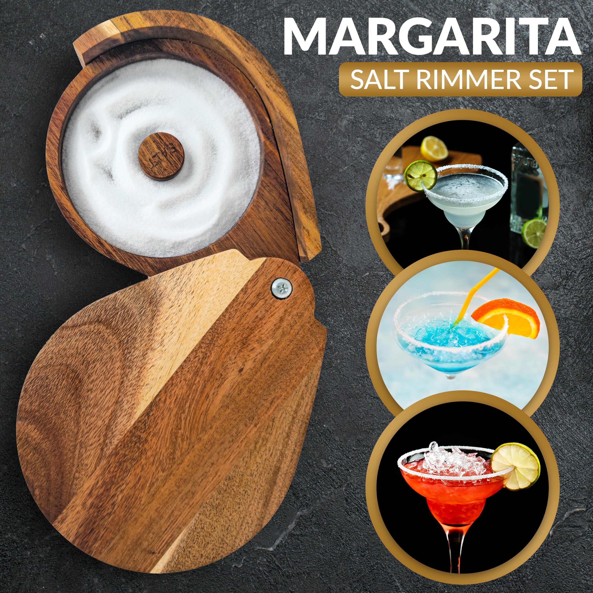 Margarita Salt Rimmer Set for Cocktails | 3 Tier Acacia Wood Glass Rimmer for Salt/Sugar/Lime Seasoning for Bloody Mary, Tequila | Drink Accessories for Bar (With Sponges)
