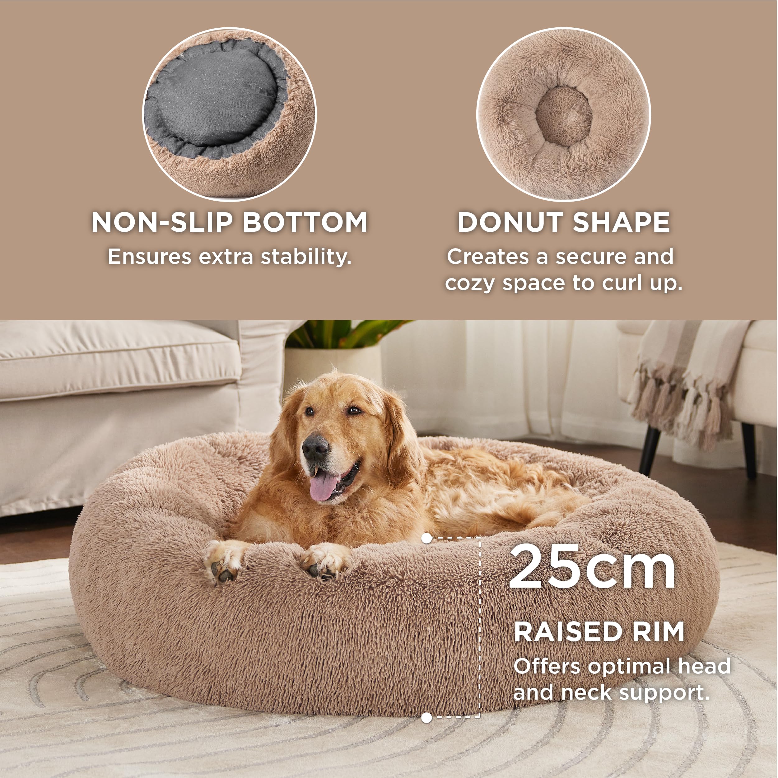 Bedsure Hundebett waschbar Flauschiges Hundebett - Ø 115 cm Donut Hundebett für große Hunde, plüsch Hundebett rund Kuschelbett, Kamel