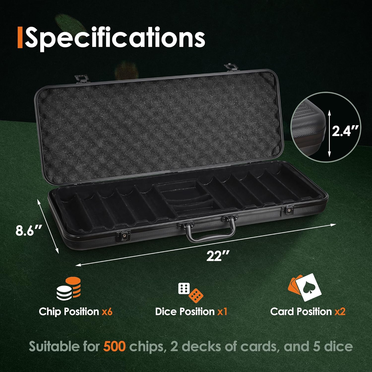 ORIENGEAR ABS Poker Chip Case, 500PCS of 40mm Poker Chips, Black Empty Poker Chip Case with Reinforced Strong Sturdy Design Providing Full Protection, Professional Poker Chip Storage Solution