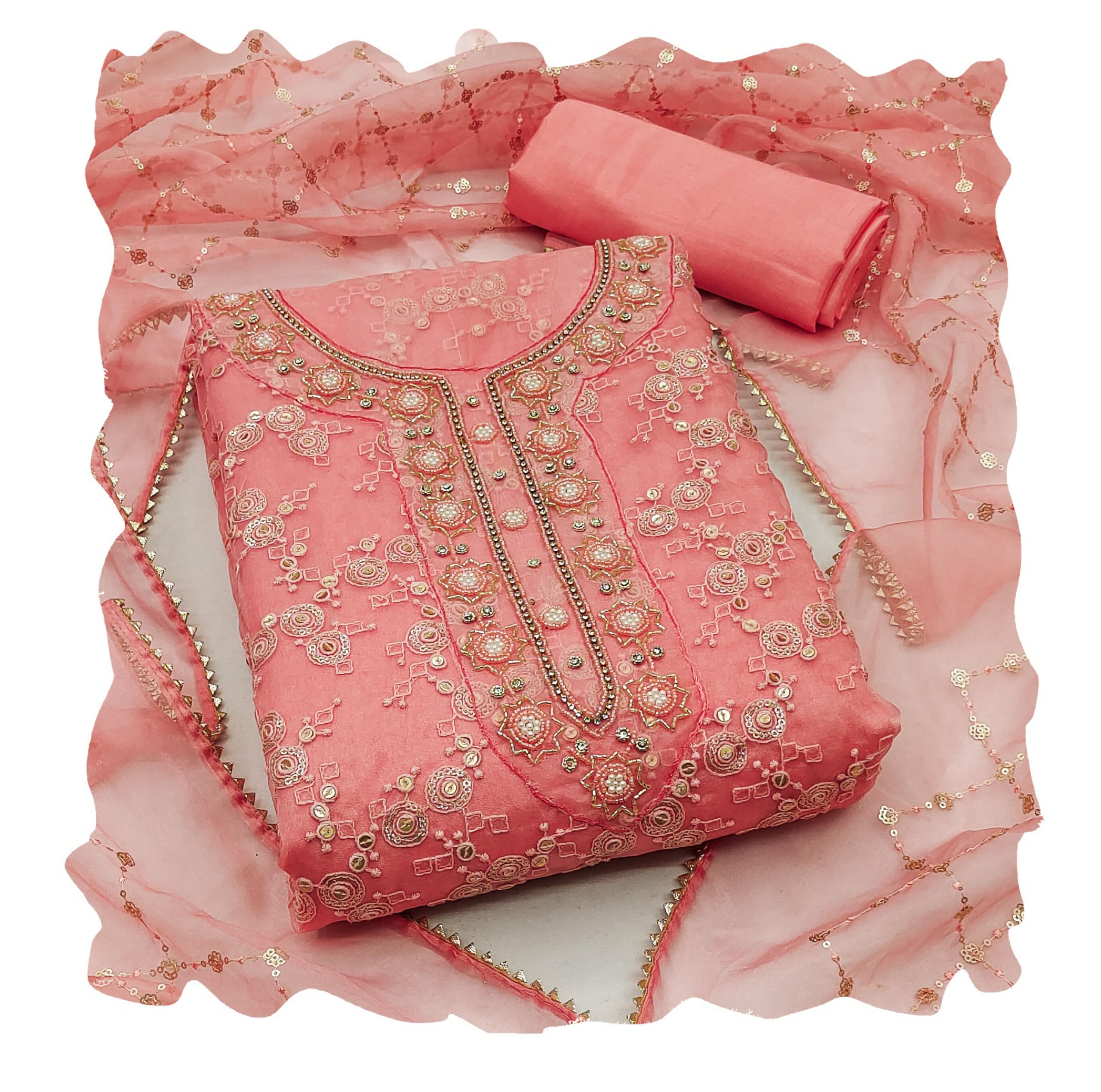 manvaa Women'S Peach Unstitched Designer Sequence And Hand Work Work With Heavy Embrodiered Dupatta Work Pure Organza Dress Material (MSMFC11304D)-picture-12