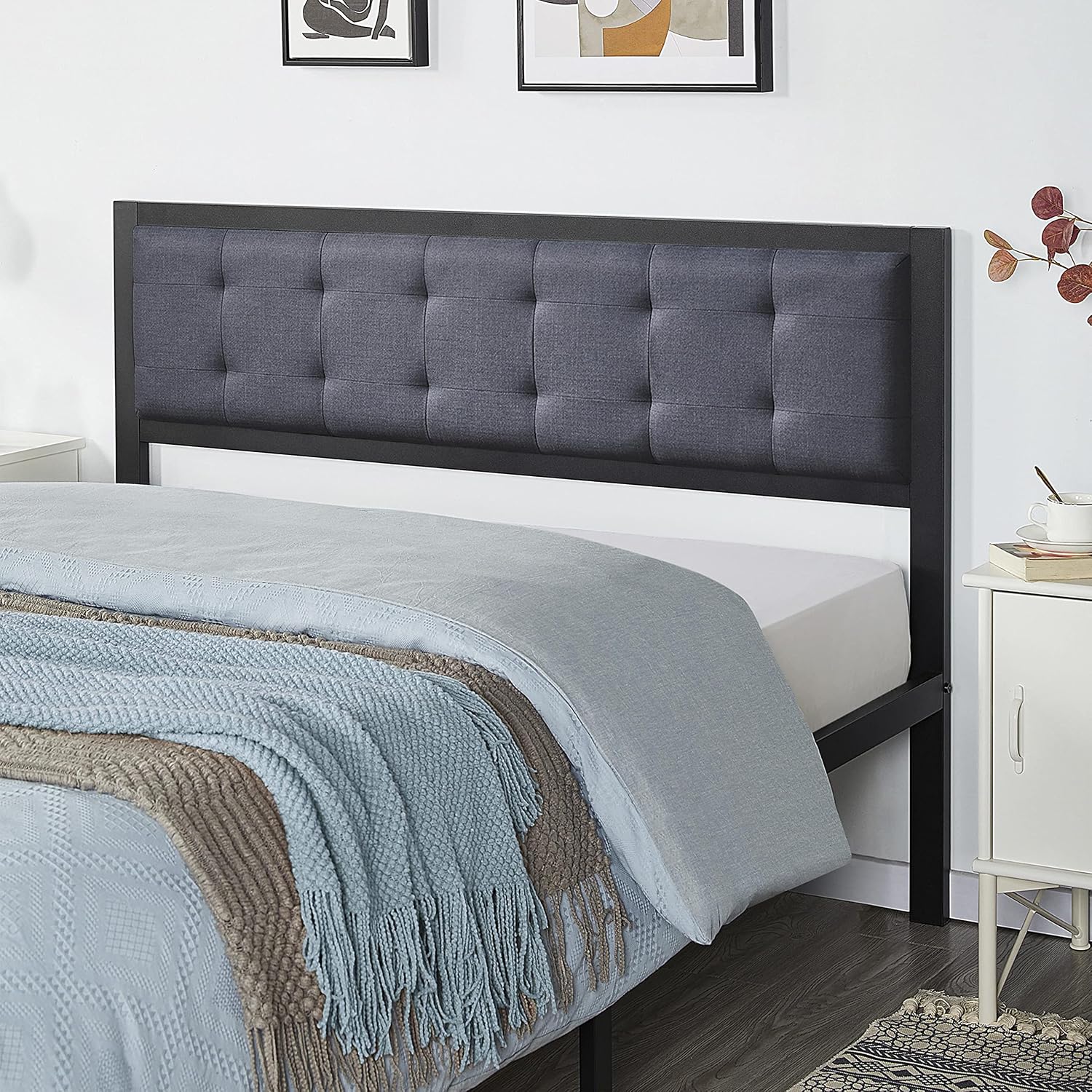 Yaheetech 14 inch Queen Size Metal Bed Frame with Upholstered Button Tufted Headboard Platform Bed with Storage No Box Spring Needed Mattress Foundation Gray