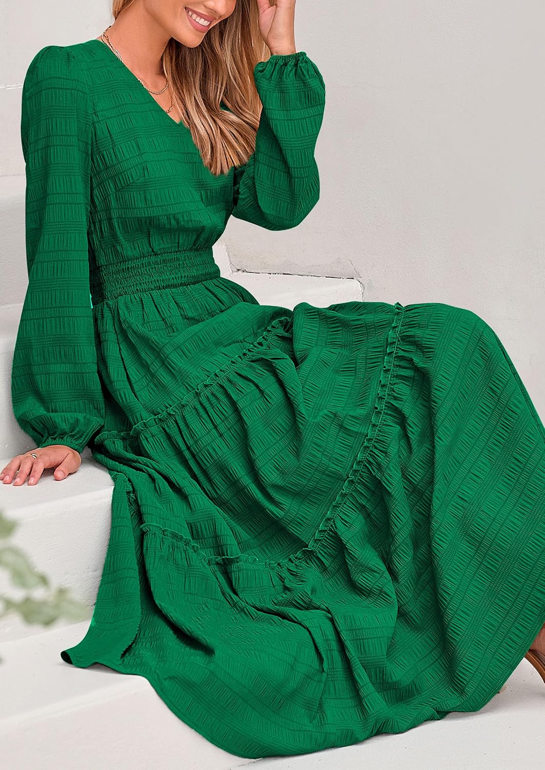 PRETTYGARDEN Women's Maxi Dress Casual Long Sleeve V Neck Smocked Waist Tiered Ruffle Flowy Cocktail Pocket Dresses - Image 8