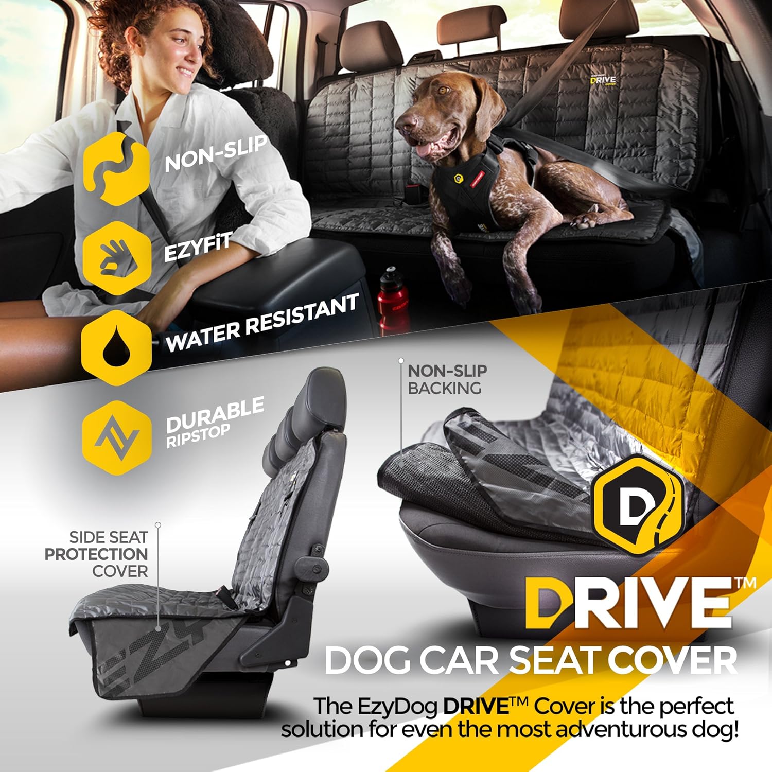 EzyDog Drive Dog Car Seat Cover - Water Resistant Nylon and Non-Slip Seat Backing for Superior Comfortability and Safety - Easy to Install and Clean Pets and Everyday Use