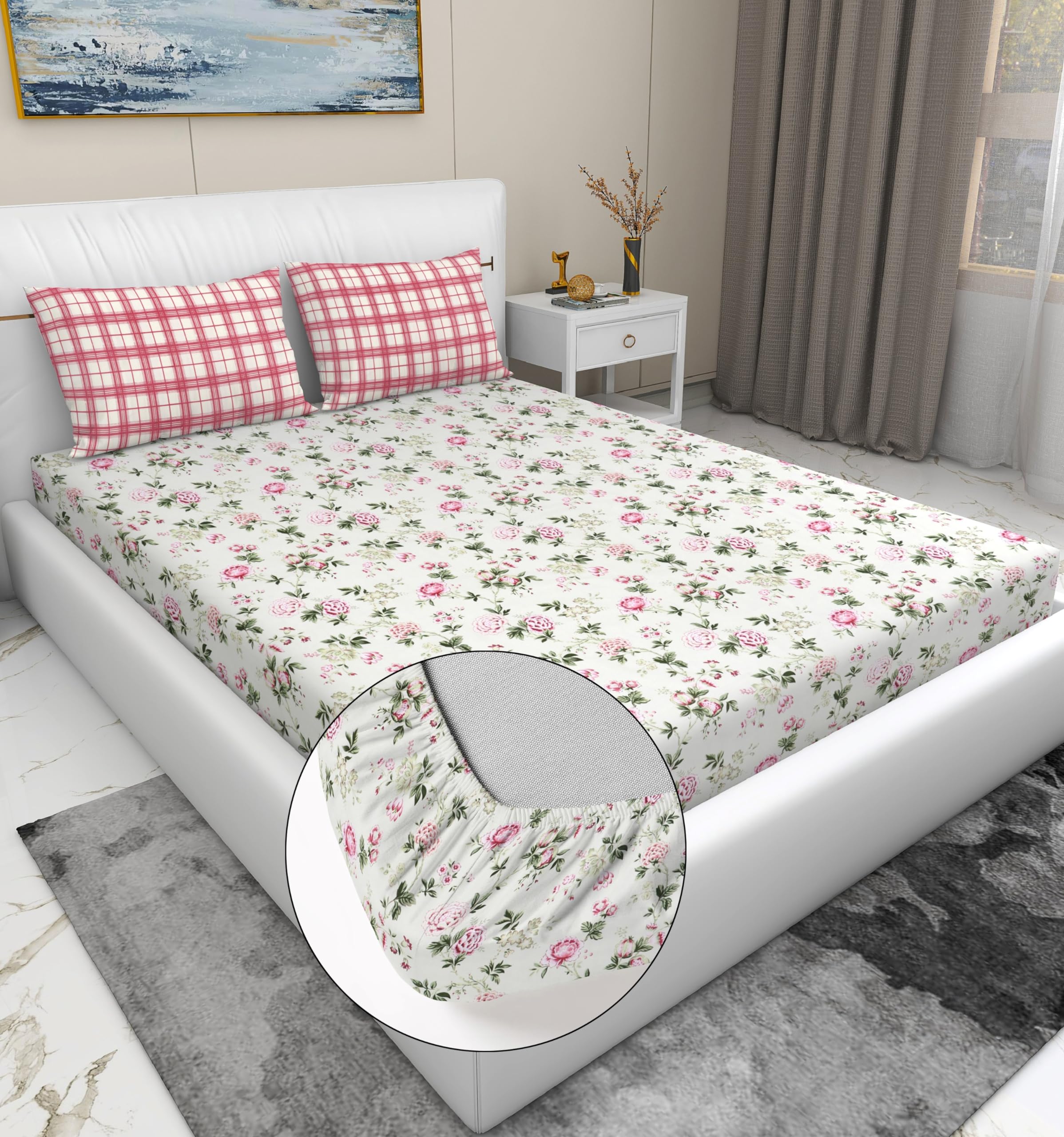 RD TREND® Presents Luxurious Glace Cotton Super Soft 210 TC 360° Elastic Fitted Bedsheet King Size (78X72X8 Inch) with 2 Pillow Covers, Color-Off White Pink Leaf (B0CGJ3T926) Amazon Price History, Amazon Price Tracker