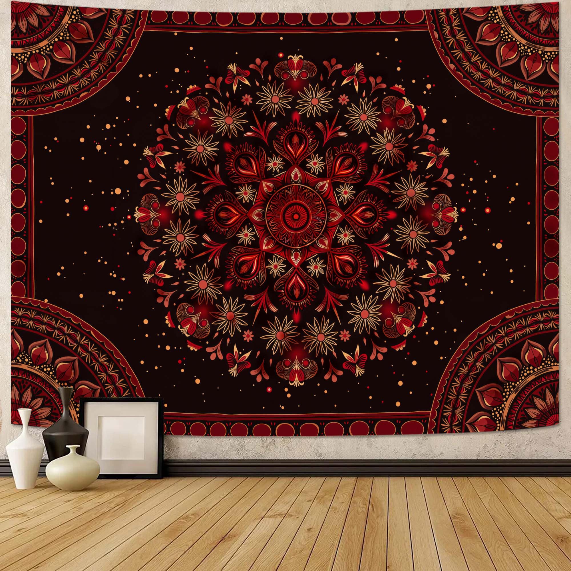Accnicc Boho Mandala Tapestry Wall Hanging Hippie Bohemian Floral Flower Medallion Tapestry Aesthetic Large Vintage Black Red Indian Tapestries for