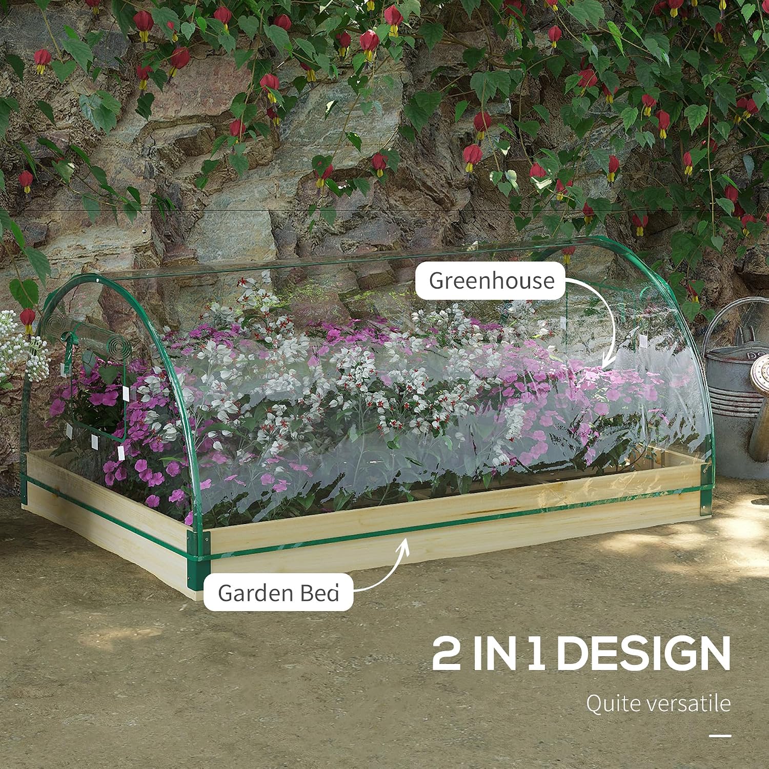 Outsunny 4' x 3' x 2' Raised Garden Bed with 12 Pockets, Wooden Planter Box with Greenhouse and Roll Up Windows for Vegetables, Flowers, Natural
