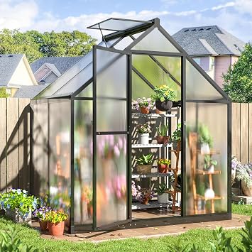 AirWire 4x6 FT Quick Setup Polycarbonate Greenhouse with Roof Vent, Large Aluminum Walk-in Green House for Outdoor Garden Backyard, Black
