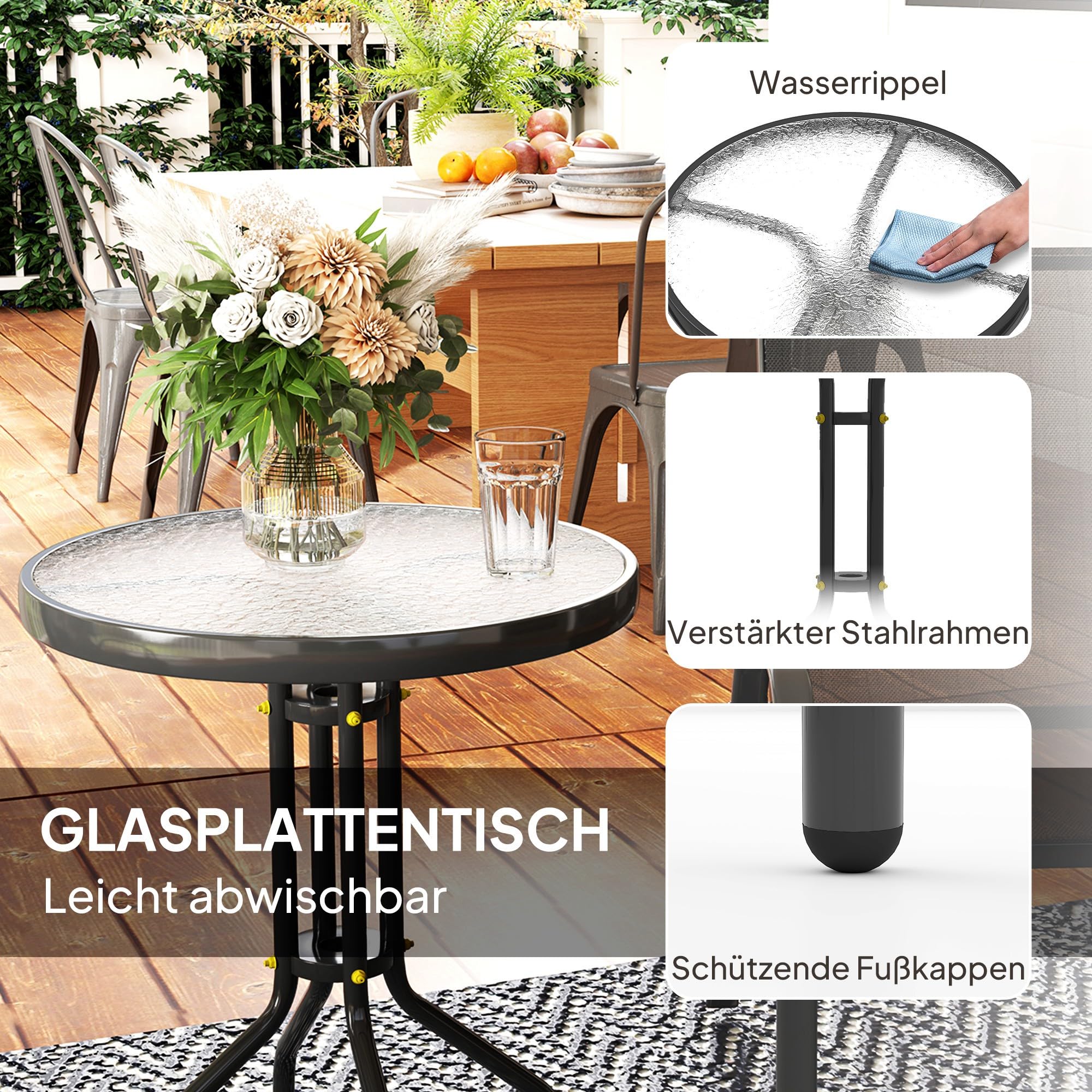 Outsunny Bistro-Set Garten-Set 3-teilig Wetterfest Glastisch Schwarz | Gartenmöbel, Stapelbare Gartenstühle, Balkonmöbel Set, Sitzgruppe, Balkonset, Gartengarnitur