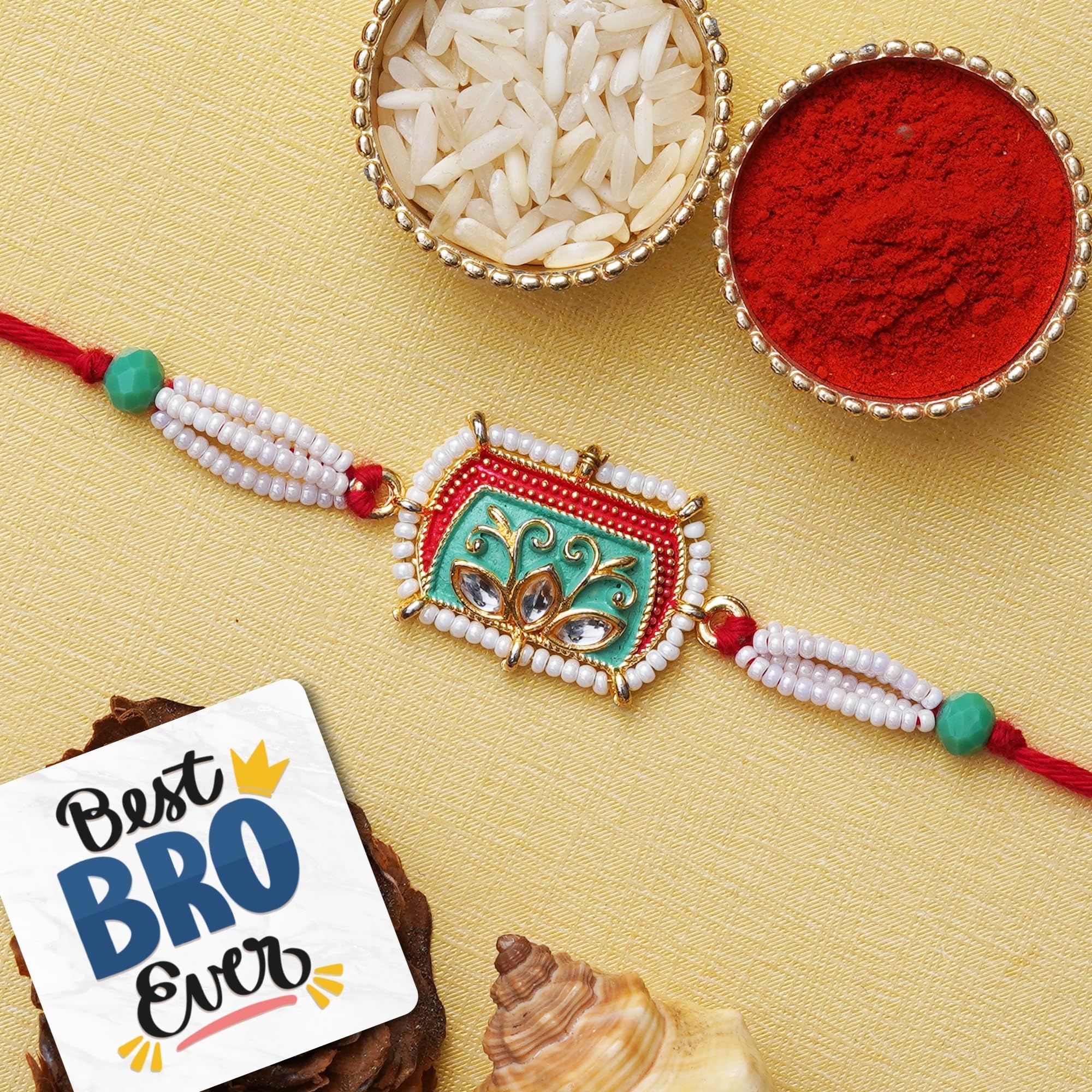 eCraftIndia Green, Red, White Pearls, Beaded Designer Rakhis, Best Bro Ever Fridge Magnet with Roli Chawal Pack - Rakhis for Brother, Bhabhi, Kids-image-16