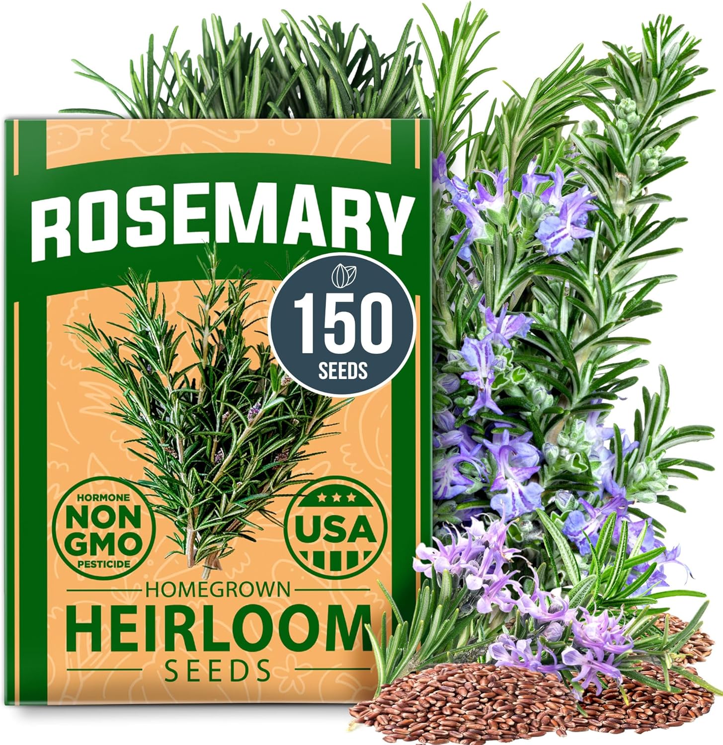 HOMEGROWN Non-GMO Heirloom Rosemary Seeds - 150 High Germination Pack for Indoor Outdoor Herb Gardens