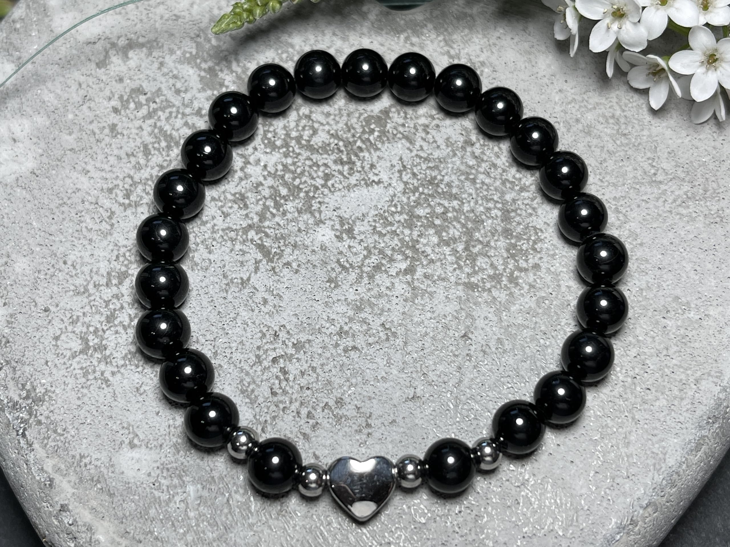 Turmalin Armband mit Schwarzen Perlen 6mm - Herz Edelstahl Silber Gold Roségold oder Ionisiert - Edelstein nach Wunsch - Handmade Personalisierbar