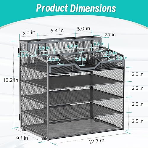 Miniatura 2 de Organizador de escritorio de malla de 5 niveles, bandeja de papel multifuncional con 3 soportes para bolígrafos y 5 compartimentos de almacenamiento