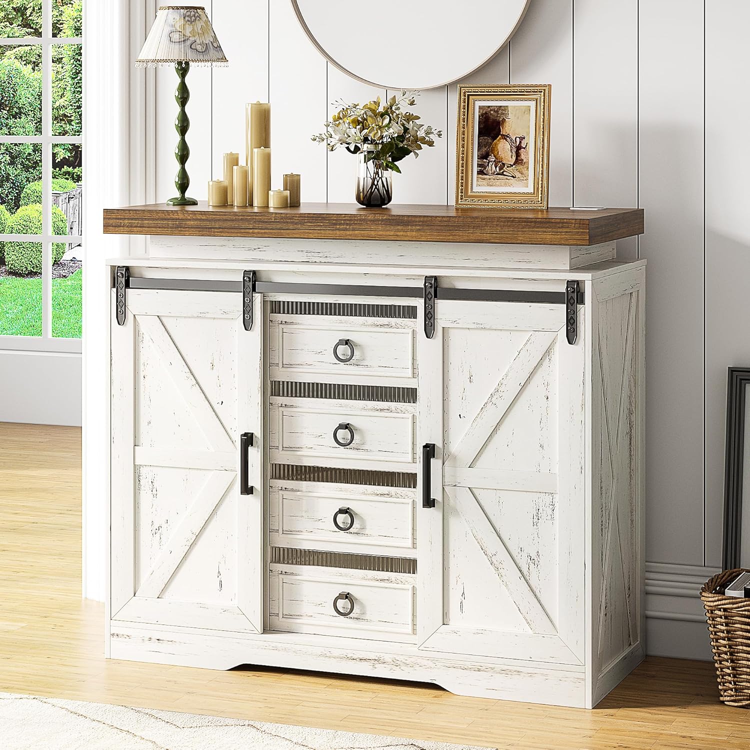 Farmhouse Dresser for Bedroom w/Sliding Barn Door, 5 Drawers Wood Dresser with LED Lights, Chest of Drawers Tall Dressers for Bedroom, Living Room, Hallway, Kids Room, Antique White